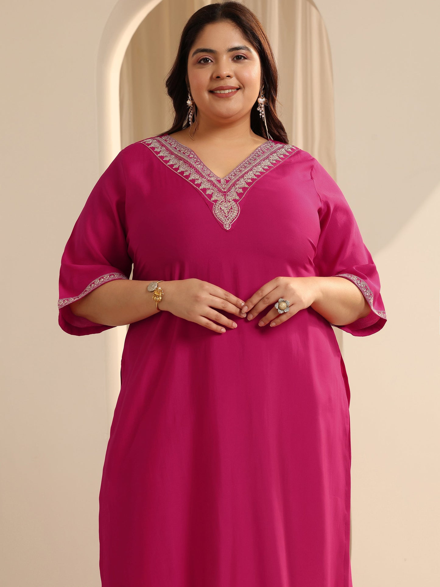 Plus Size Pink Yoke Design Silk blend Straight Suit Set With Dupatta