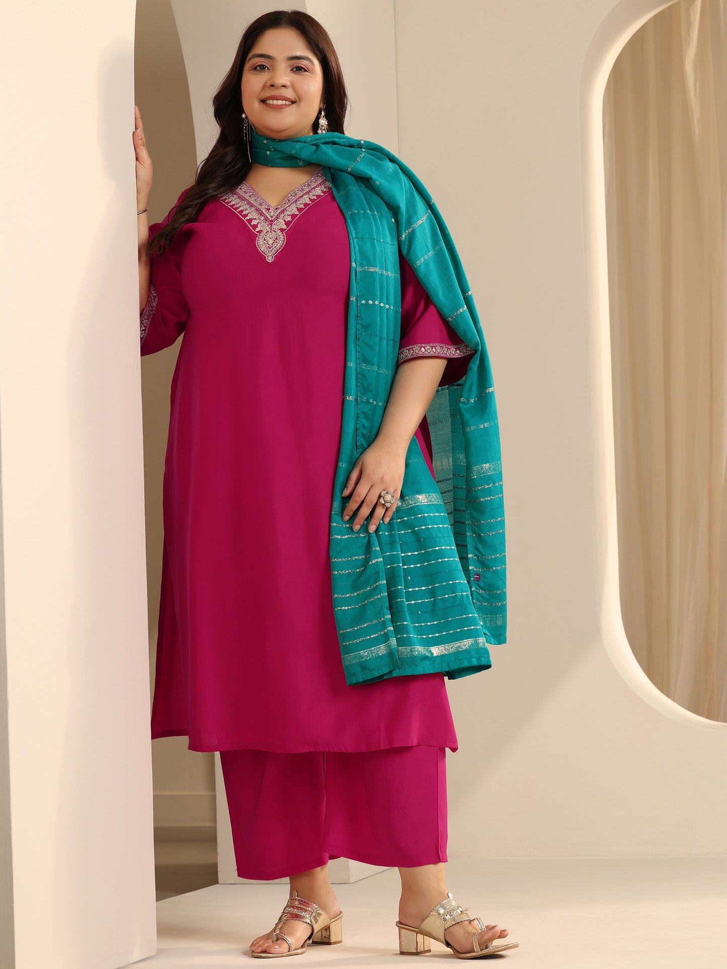 Plus Size Pink Yoke Design Silk blend Straight Suit Set With Dupatta