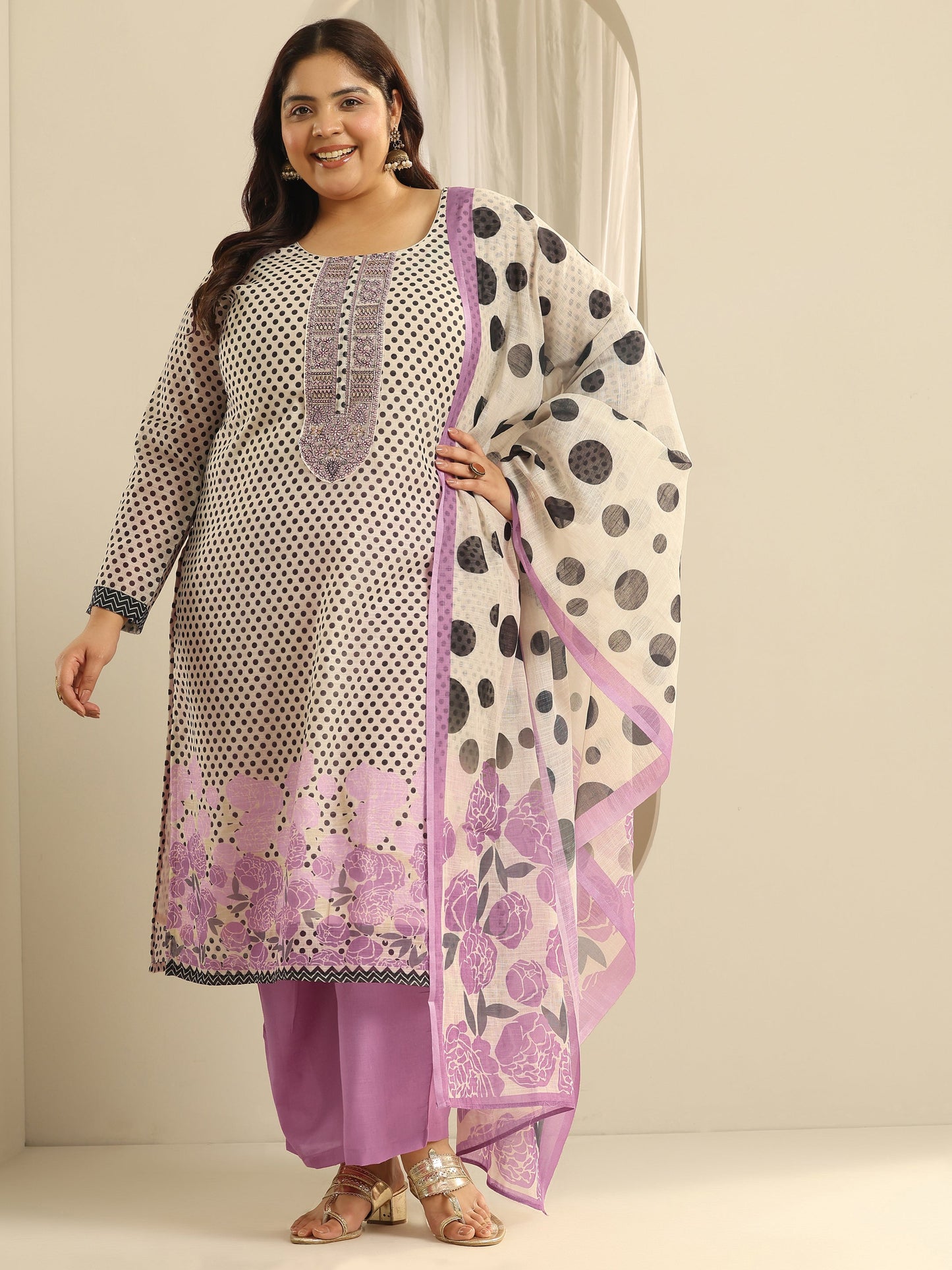 Plus Size Off White Printed cotton blend Straight Suit Set With Dupatta