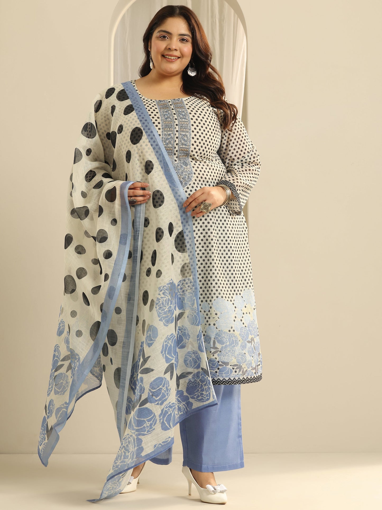 Plus Size Off White Printed Cotton Blend Straight Suit Set With Dupatta