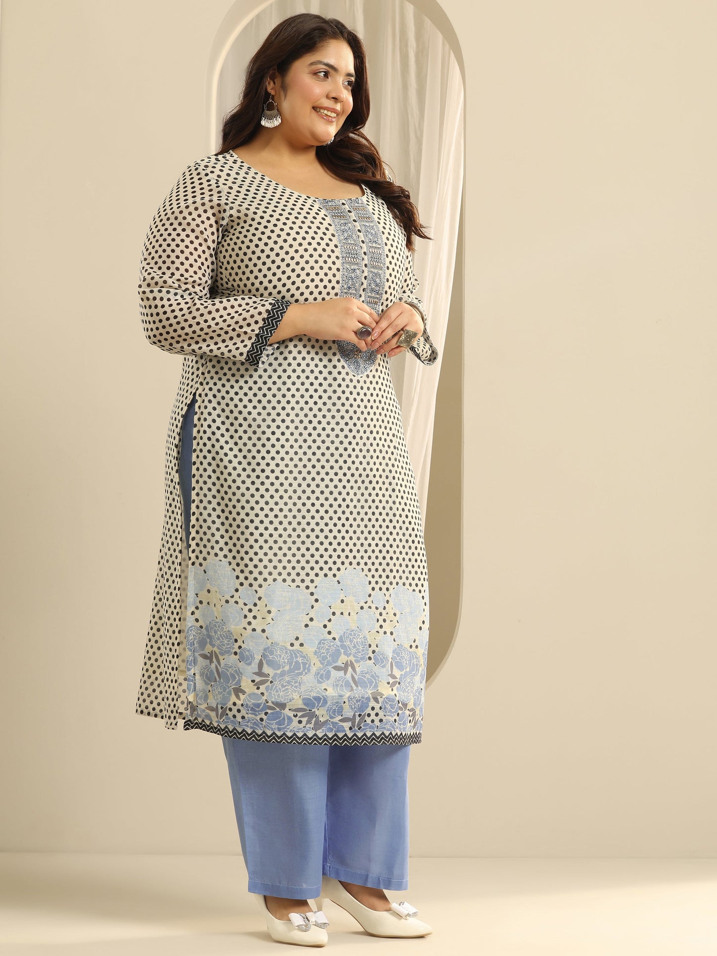 Plus Size Off White Printed Cotton Blend Straight Suit Set With Dupatta