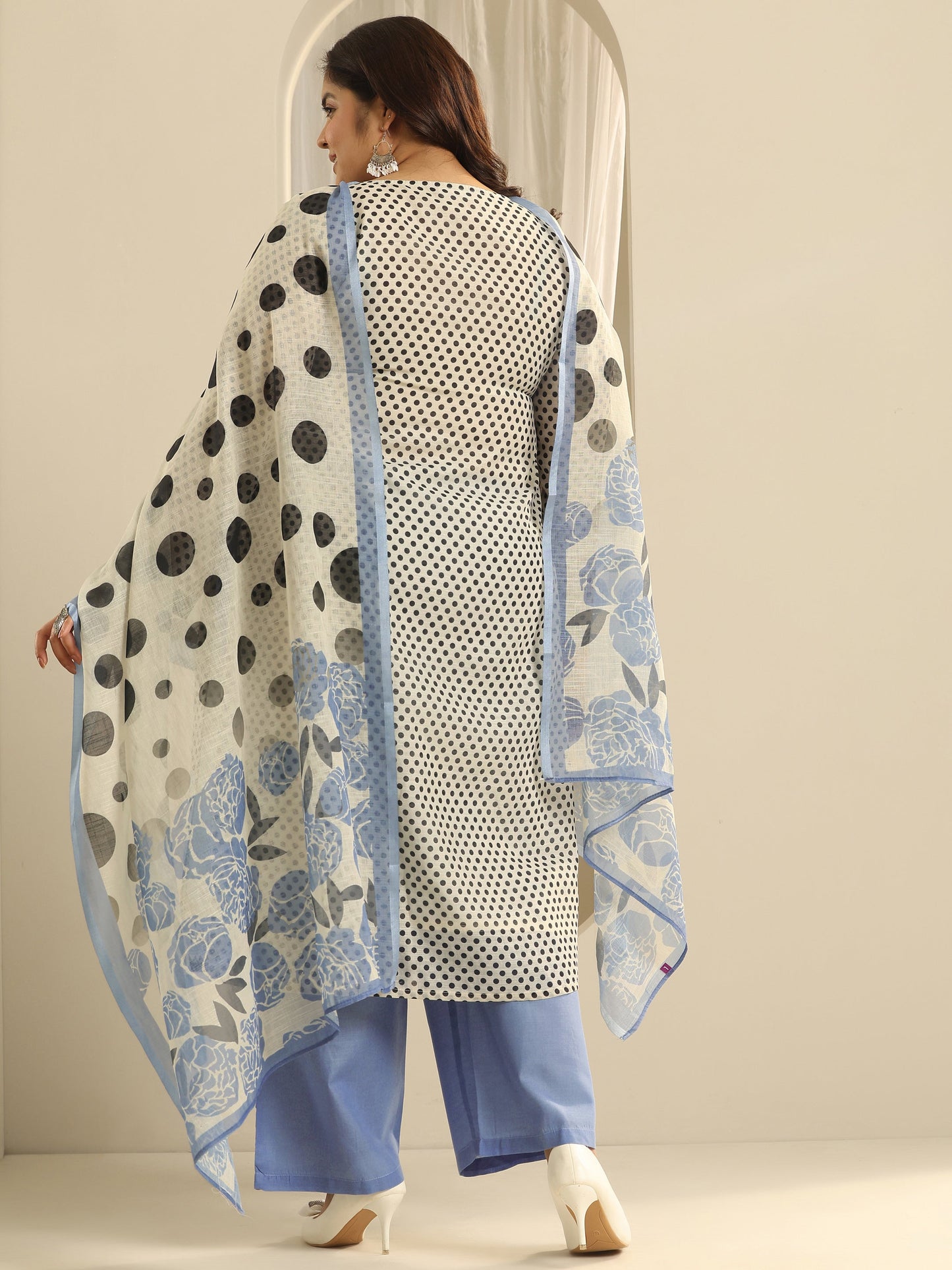 Plus Size Off White Printed Cotton Blend Straight Suit Set With Dupatta