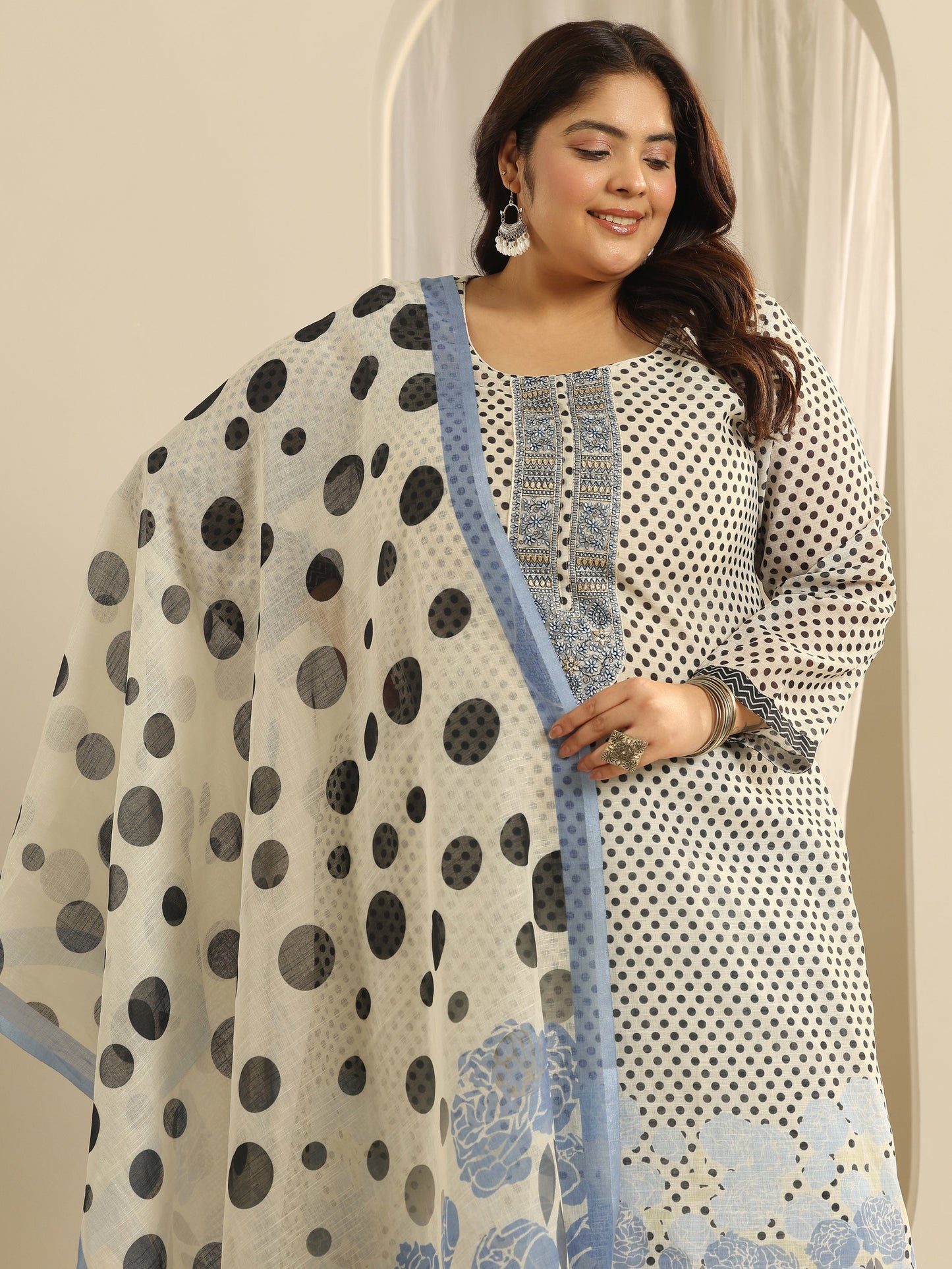 Plus Size Off White Printed Cotton Blend Straight Suit Set With Dupatta