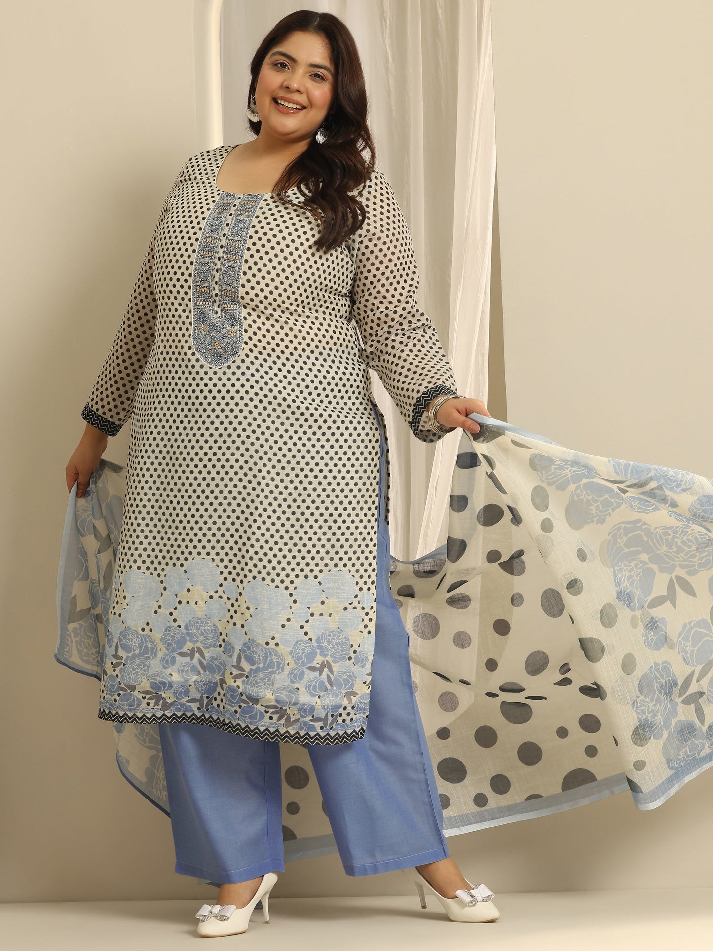 Plus Size Off White Printed Cotton Blend Straight Suit Set With Dupatta