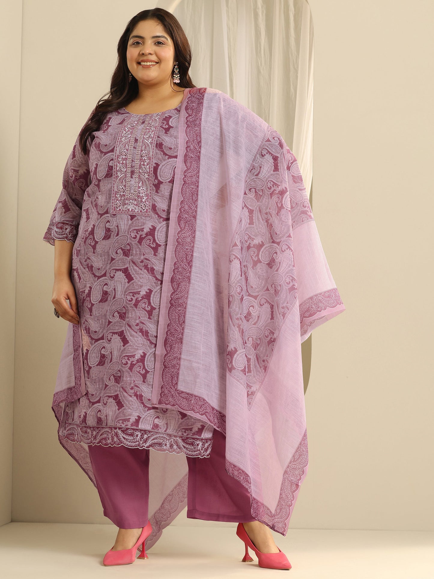 Plus Size Pink Printed Cotton Blend Straight Suit Set With Dupatta