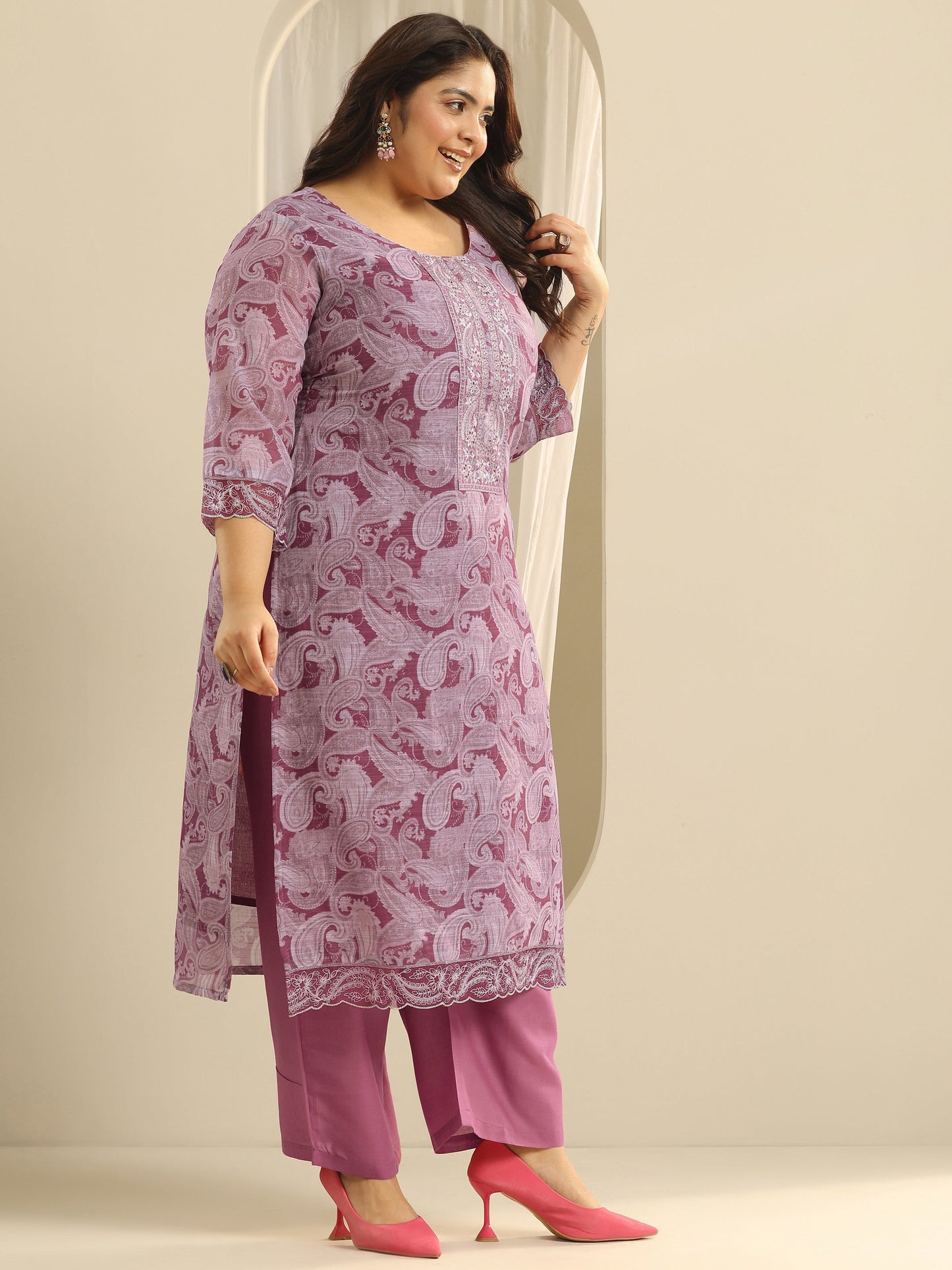 Plus Size Pink Printed Cotton Blend Straight Suit Set With Dupatta