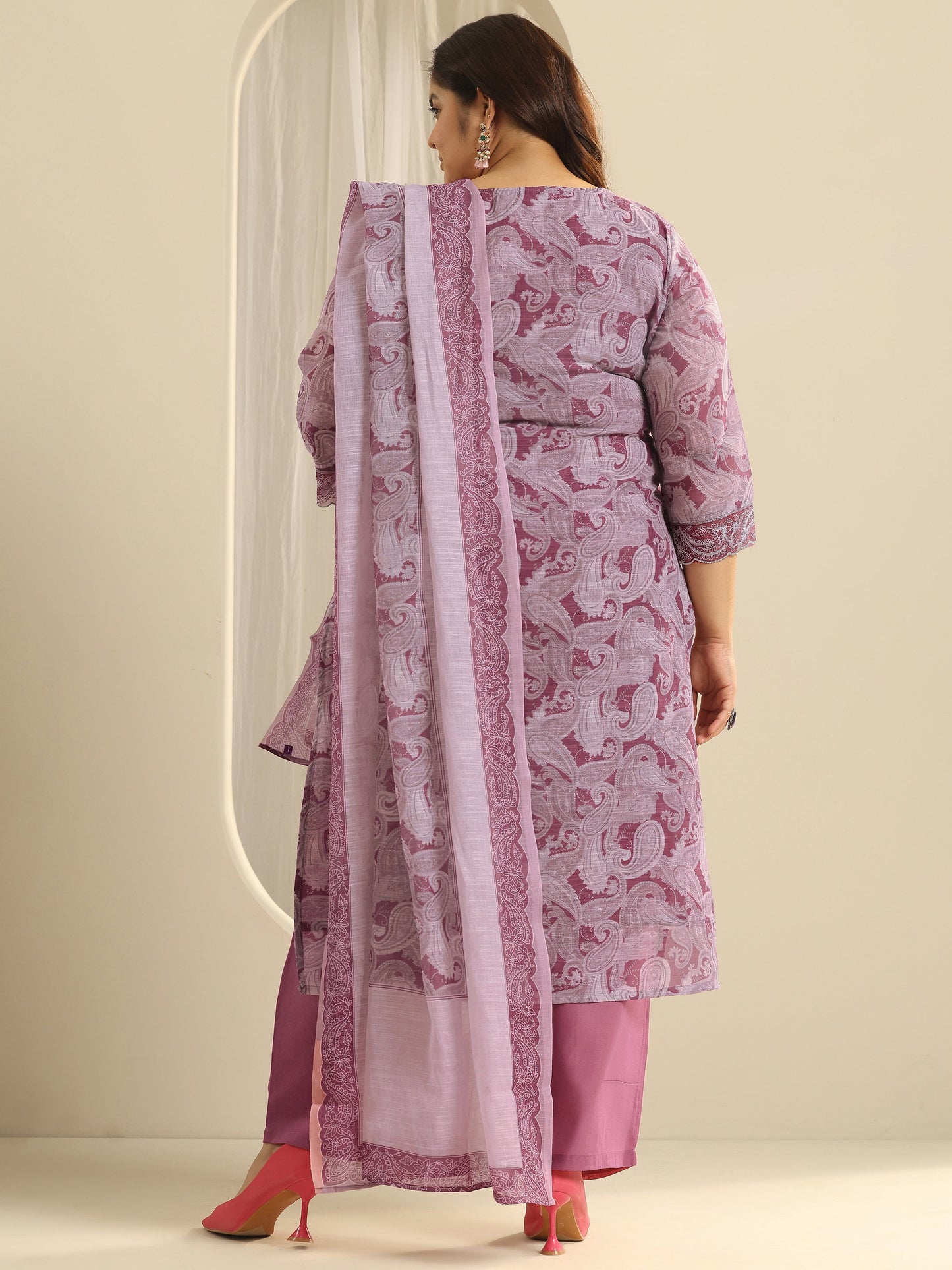 Plus Size Pink Printed Cotton Blend Straight Suit Set With Dupatta