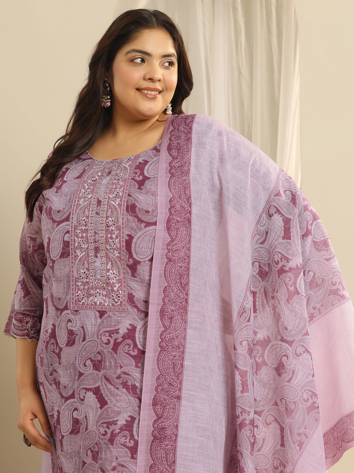 Plus Size Pink Printed Cotton Blend Straight Suit Set With Dupatta