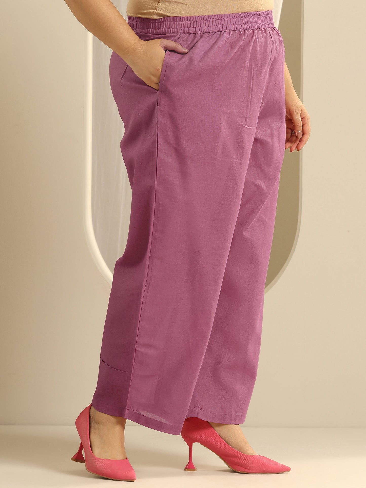 Plus Size Pink Printed Cotton Blend Straight Suit Set With Dupatta