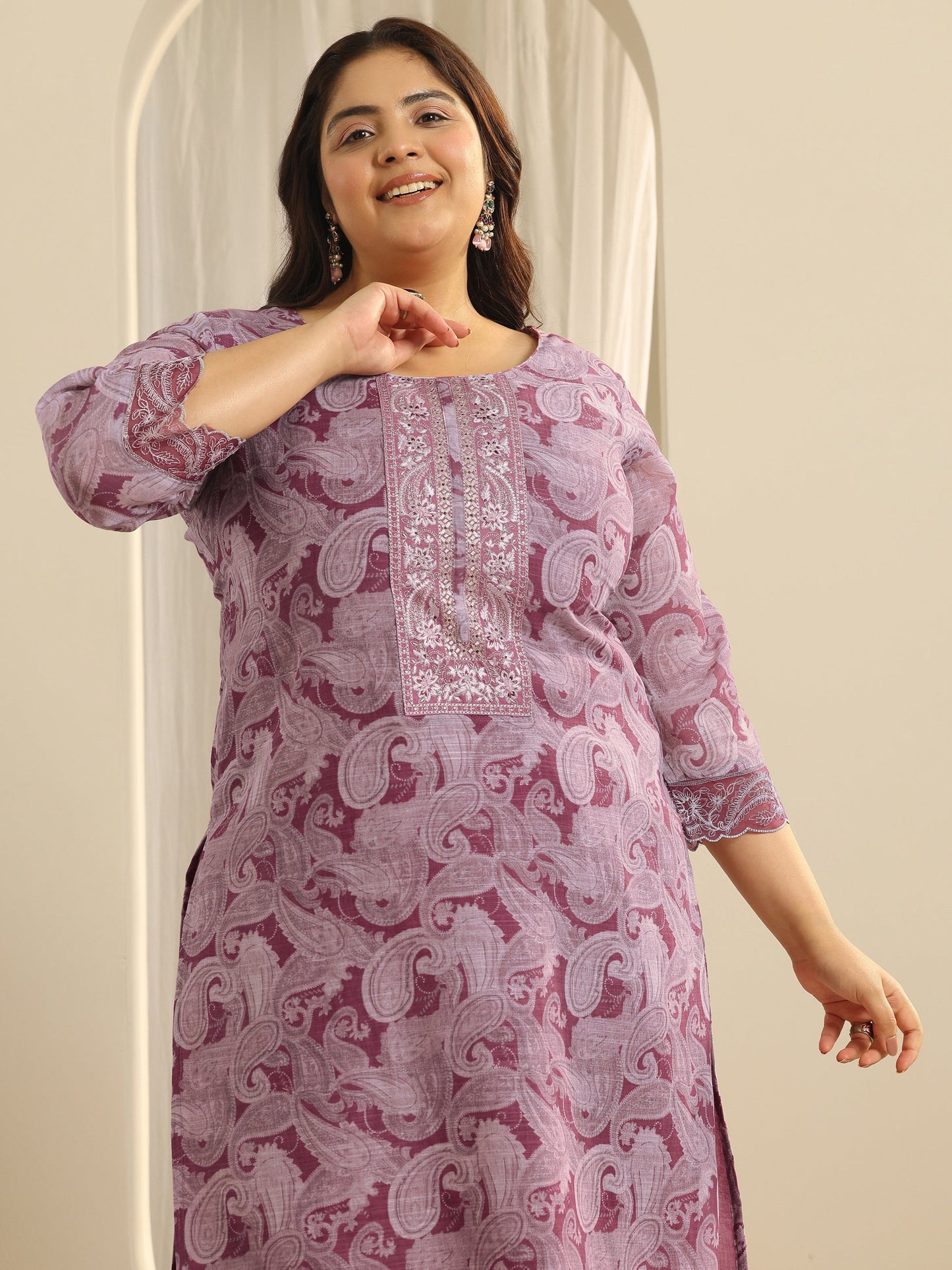 Plus Size Pink Printed Cotton Blend Straight Suit Set With Dupatta