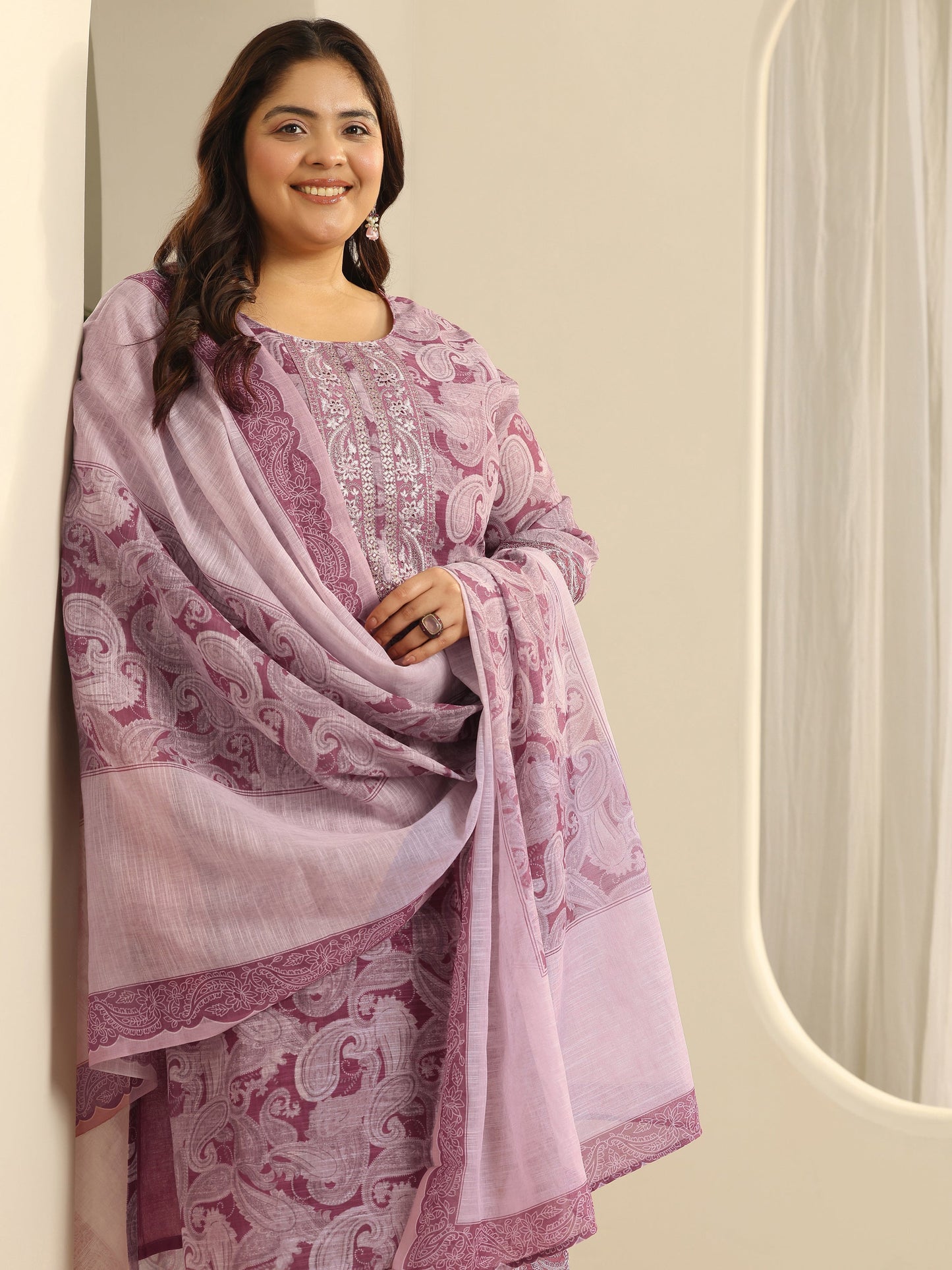 Plus Size Pink Printed Cotton Blend Straight Suit Set With Dupatta