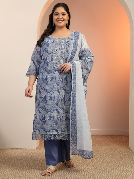 Plus Size Blue Printed cotton blend Straight Suit Set With Dupatta
