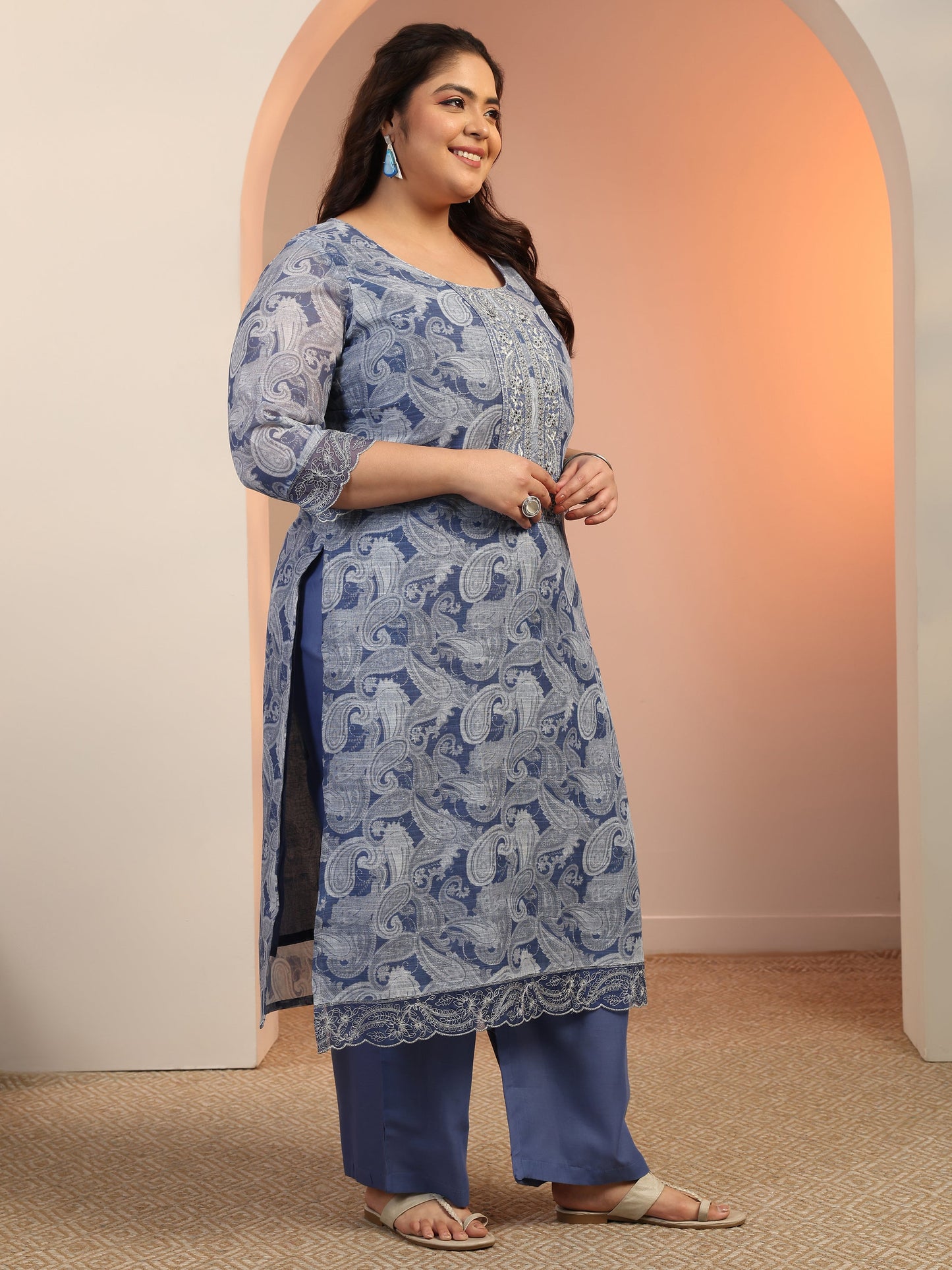 Plus Size Blue Printed cotton blend Straight Suit Set With Dupatta