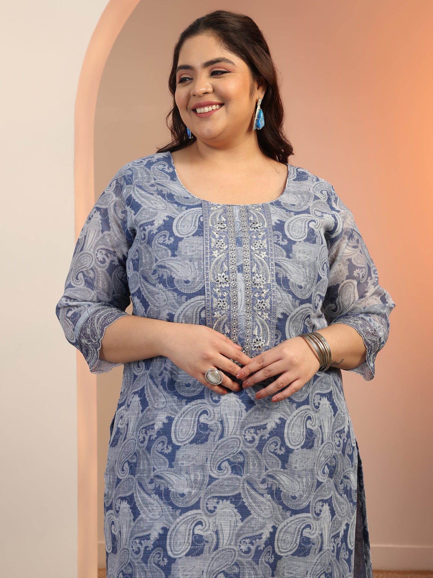 Plus Size Blue Printed cotton blend Straight Suit Set With Dupatta