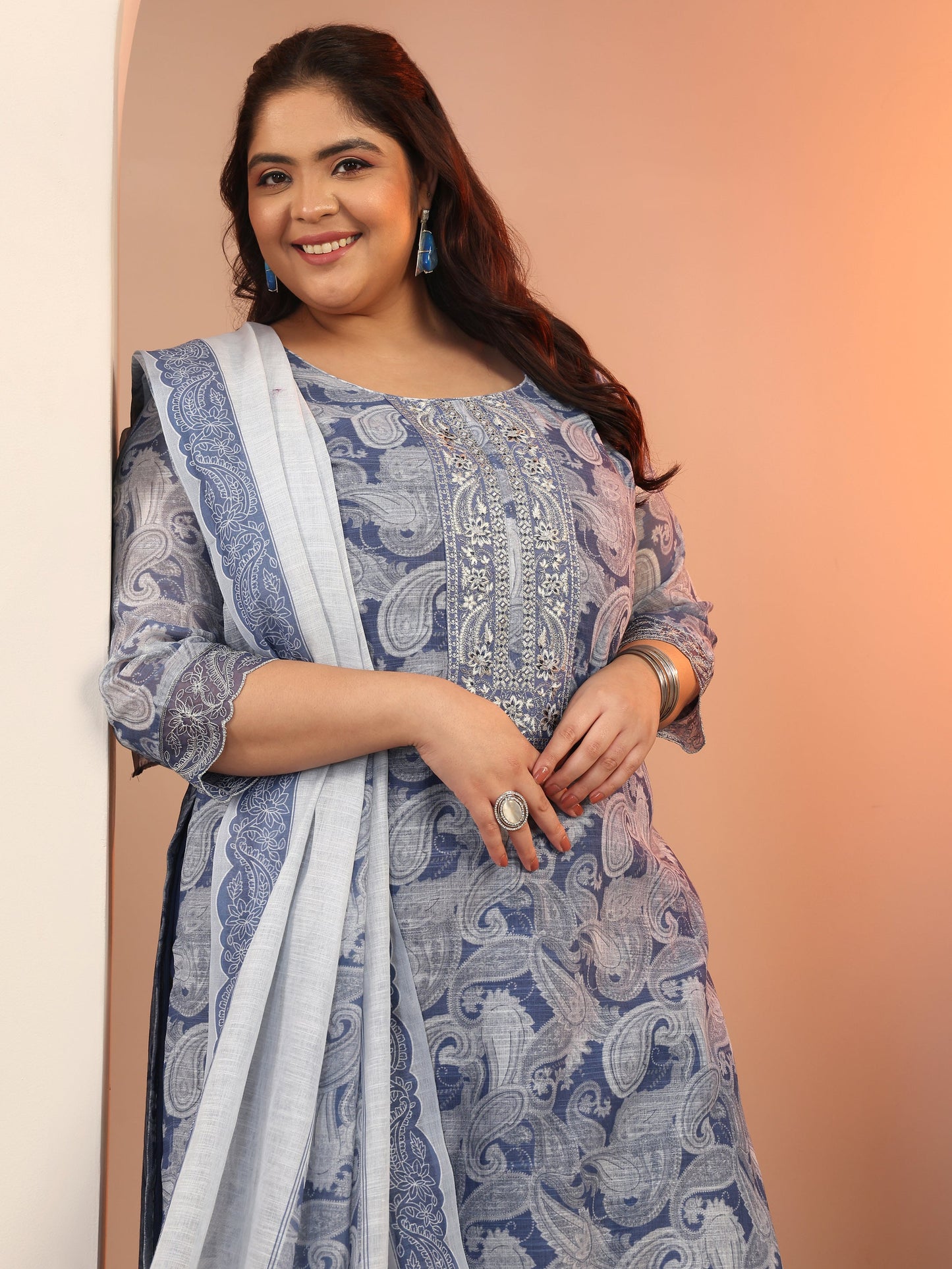 Plus Size Blue Printed cotton blend Straight Suit Set With Dupatta