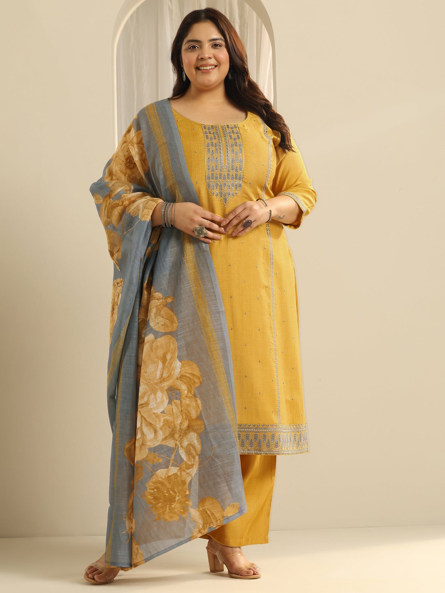 Plus Size Mustard Printed cotton blend Straight Suit Set With Dupatta