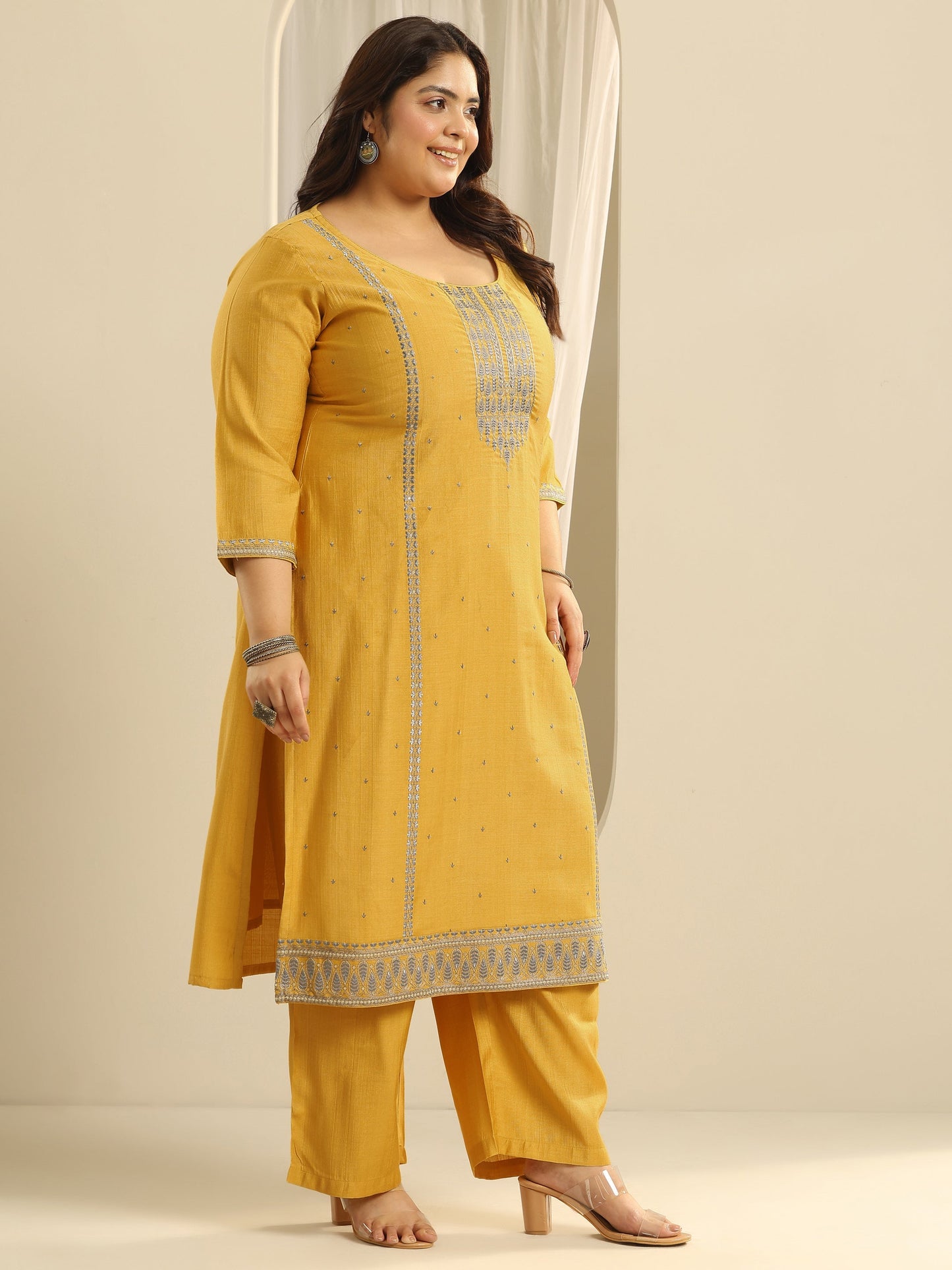 Plus Size Mustard Printed cotton blend Straight Suit Set With Dupatta