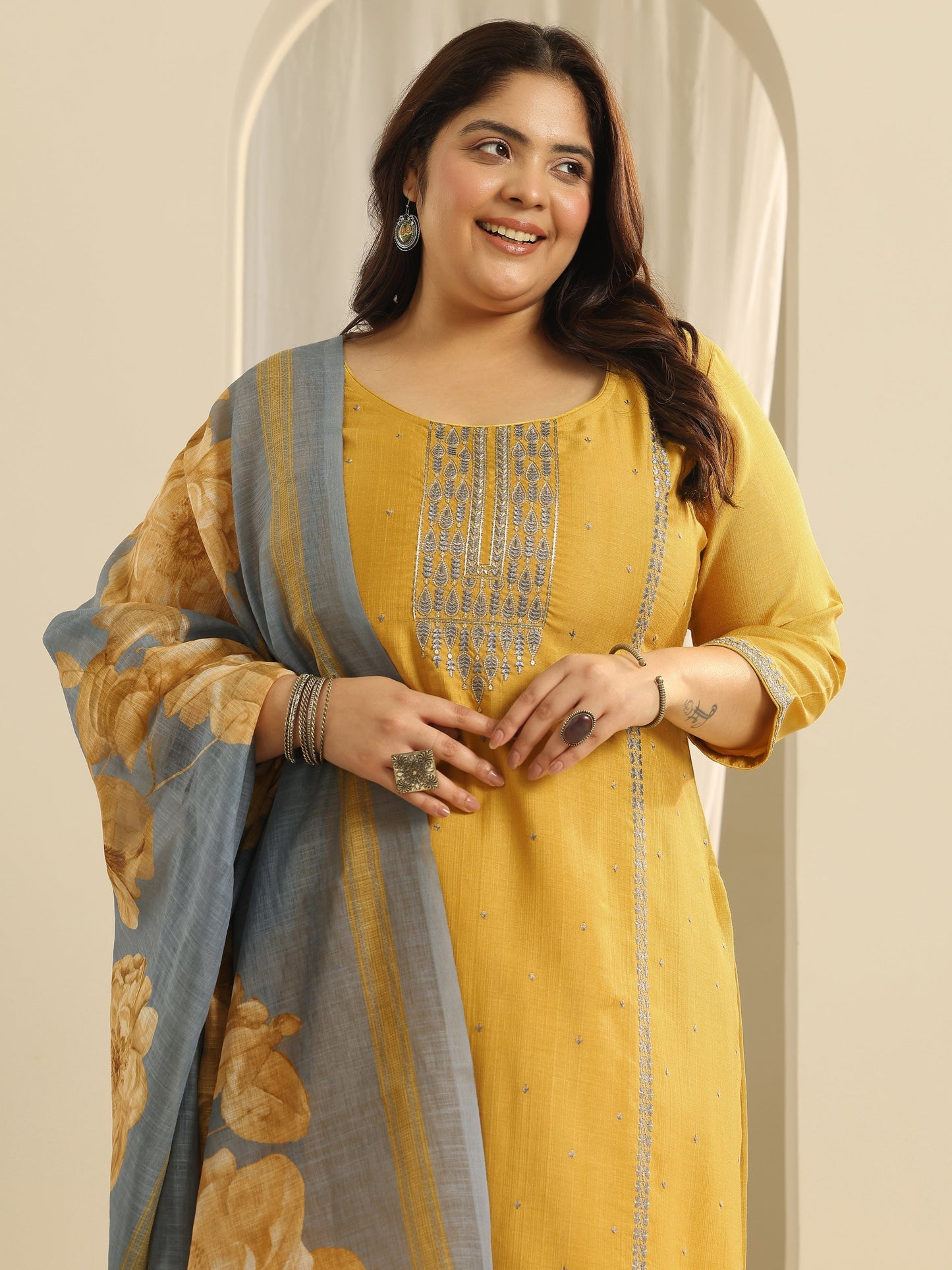 Plus Size Mustard Printed cotton blend Straight Suit Set With Dupatta