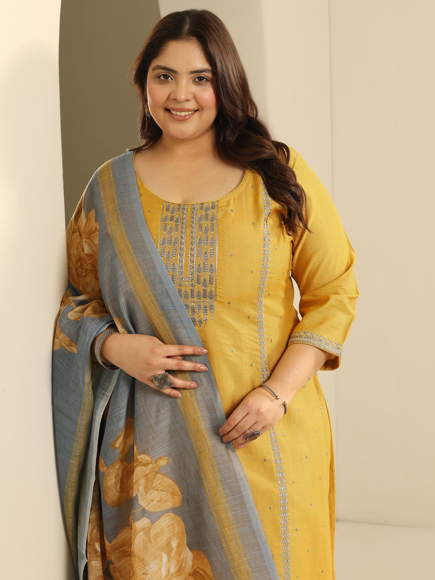 Plus Size Mustard Printed cotton blend Straight Suit Set With Dupatta