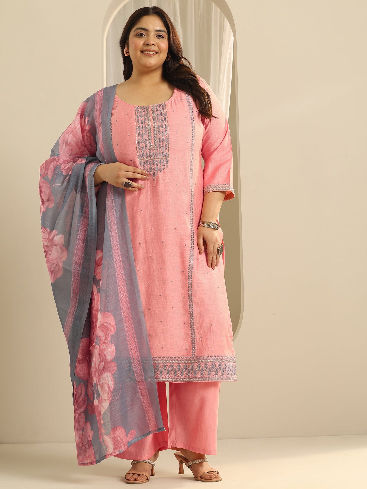 Plus Size Pink Printed Cotton Blend Straight Suit Set With Dupatta