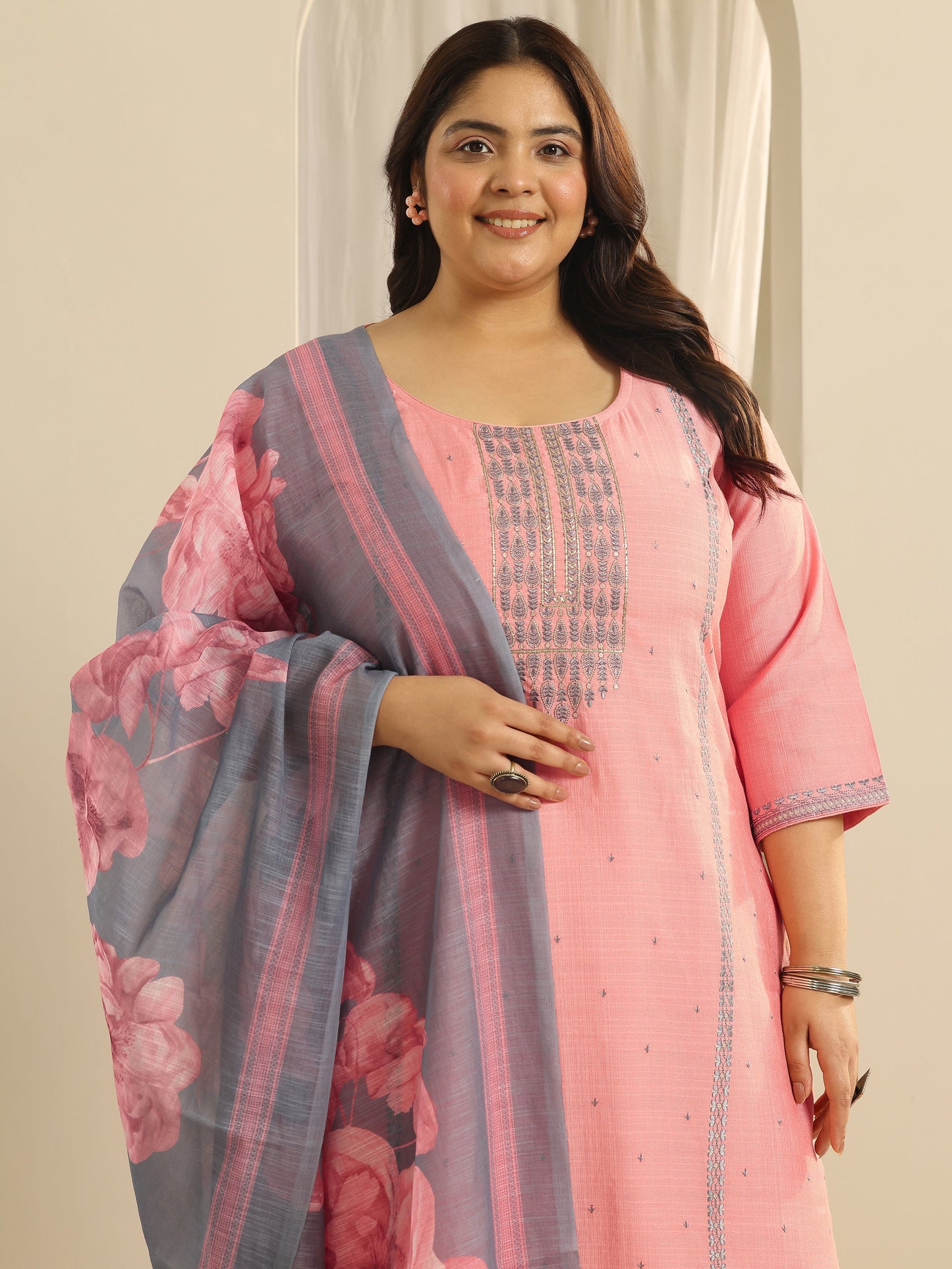 Plus Size Pink Printed Cotton Blend Straight Suit Set With Dupatta