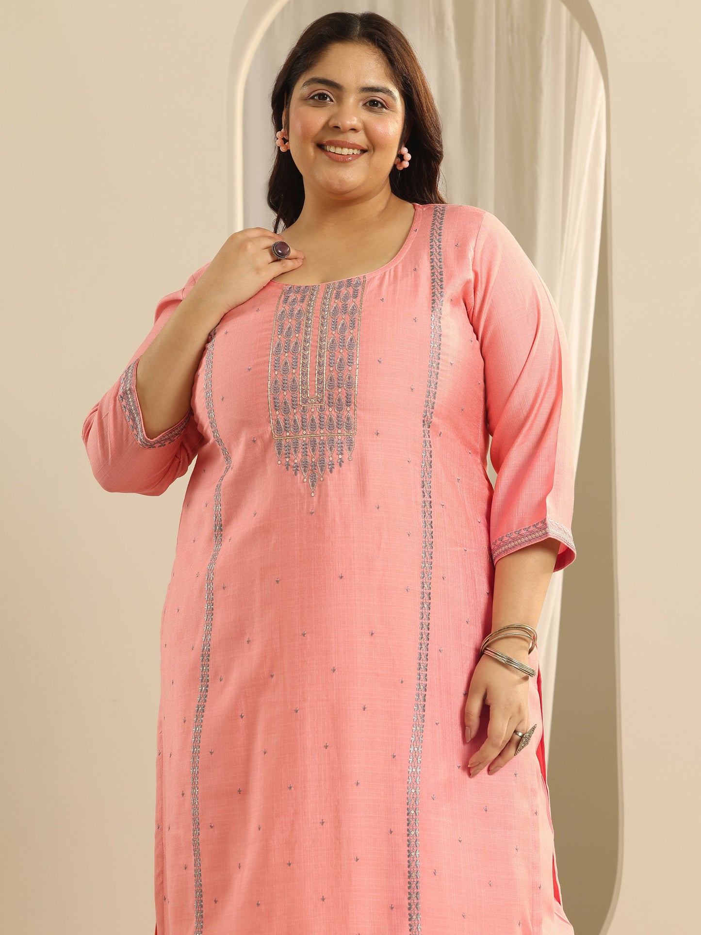 Plus Size Pink Printed Cotton Blend Straight Suit Set With Dupatta