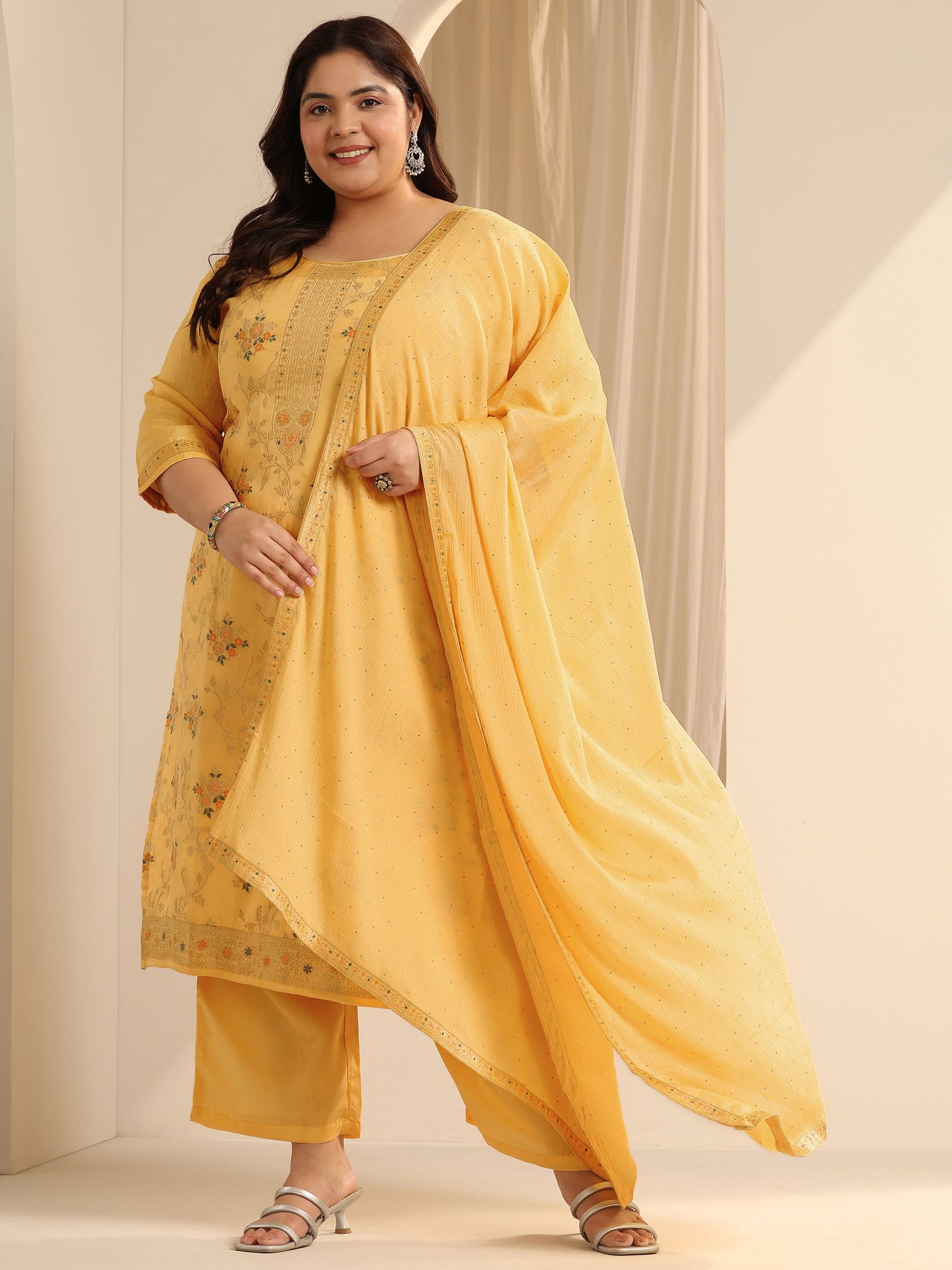 Plus Size Yellow Woven Design Silk Blend Straight Suit Set With Dupatta