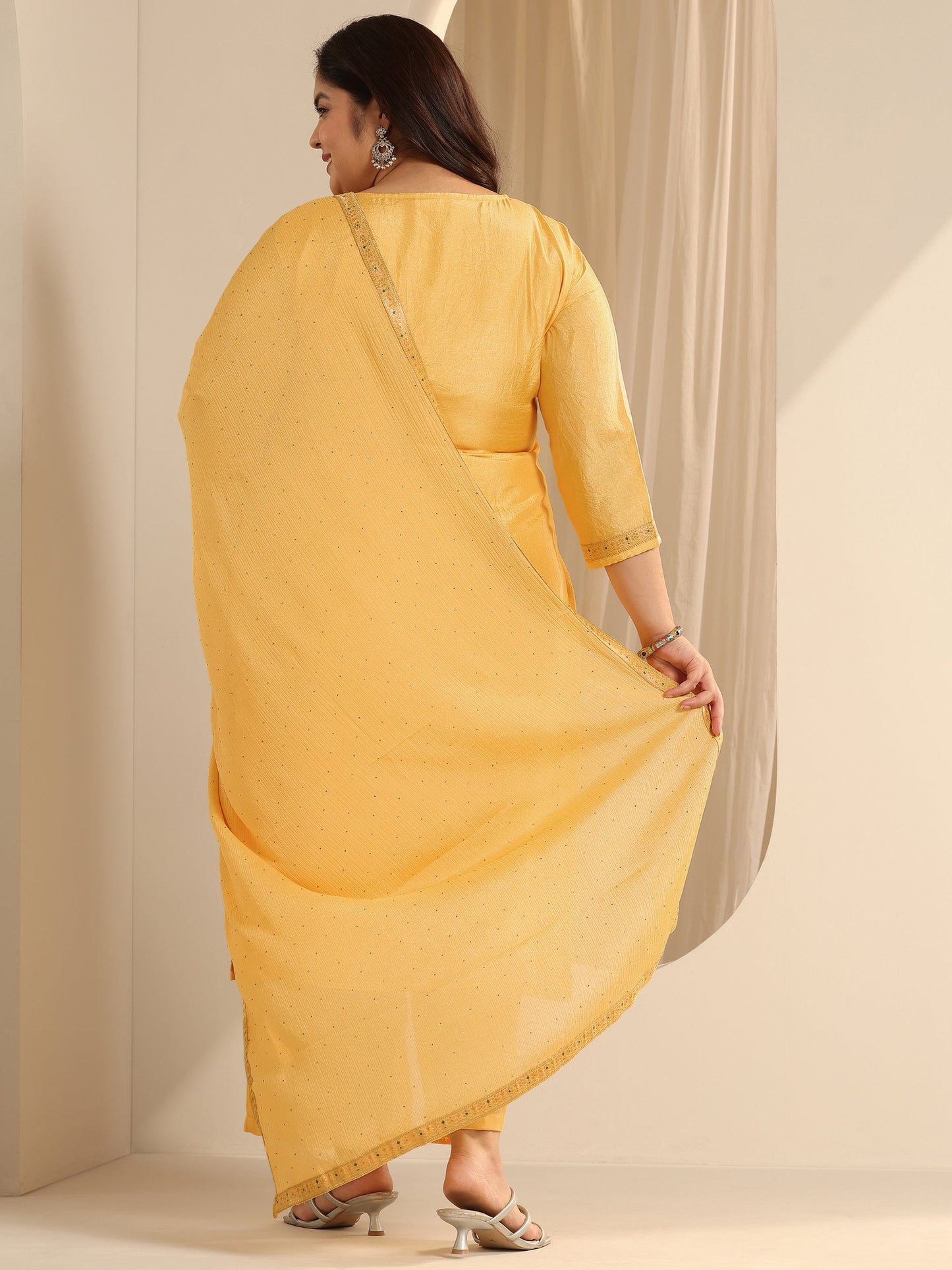 Plus Size Yellow Woven Design Silk Blend Straight Suit Set With Dupatta
