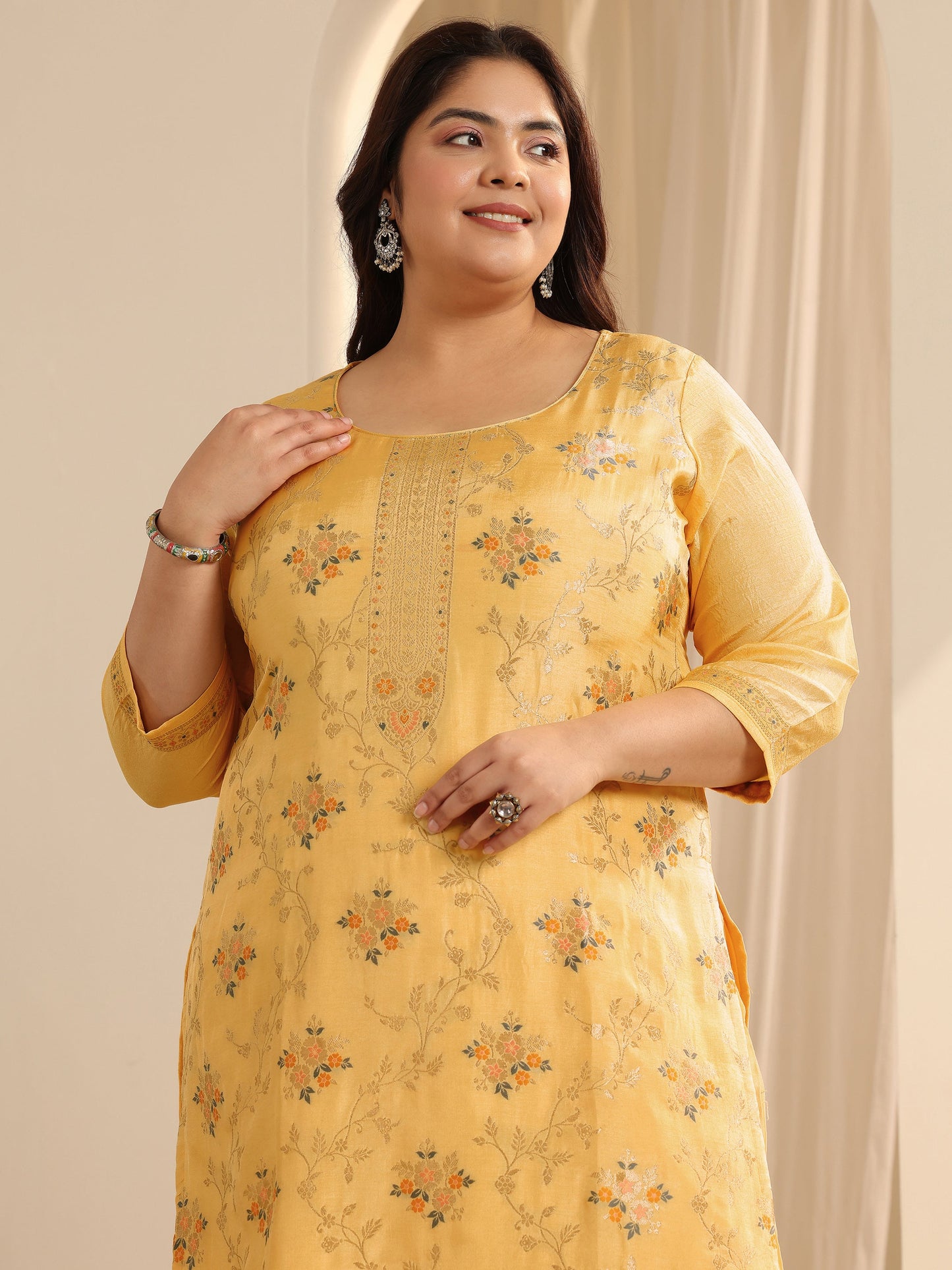 Plus Size Yellow Woven Design Silk Blend Straight Suit Set With Dupatta