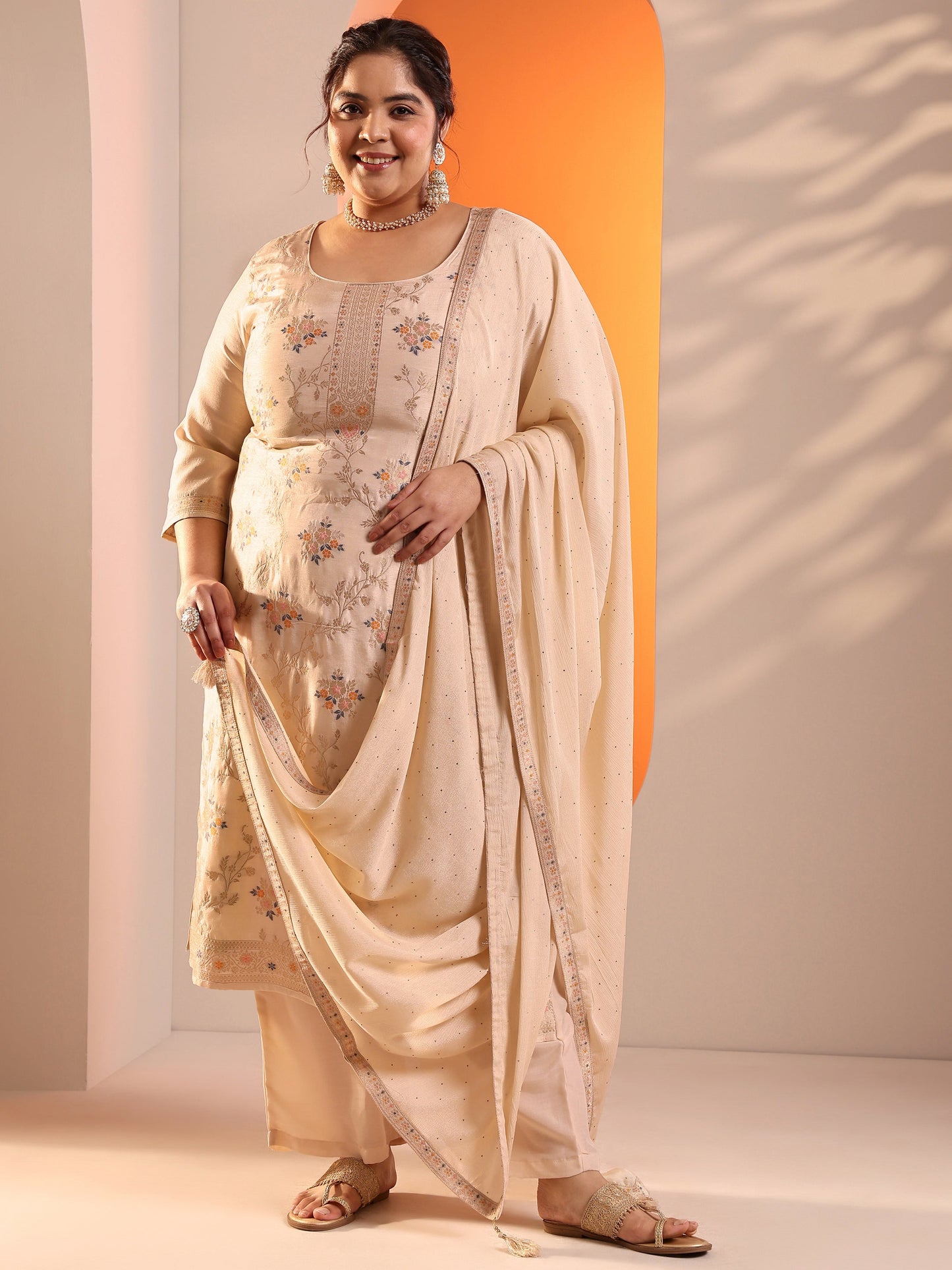 Plus Size Beige Woven Design Silk Blend Straight Suit Set With Dupatta