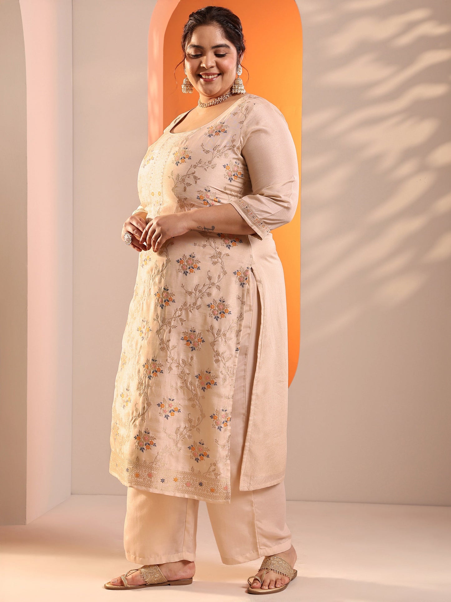Plus Size Beige Woven Design Silk Blend Straight Suit Set With Dupatta