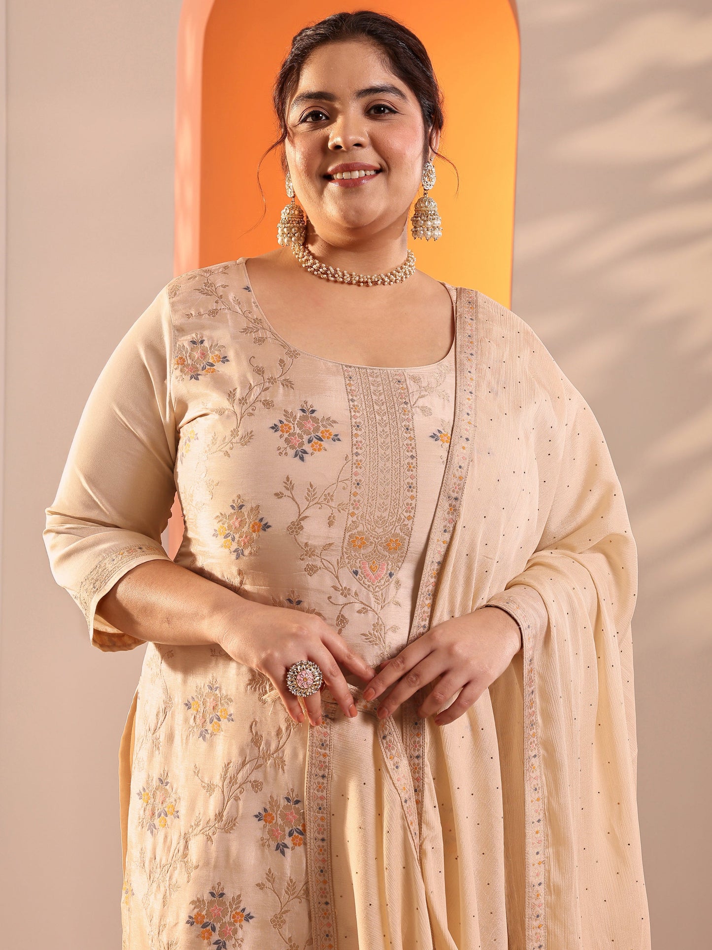 Plus Size Beige Woven Design Silk Blend Straight Suit Set With Dupatta