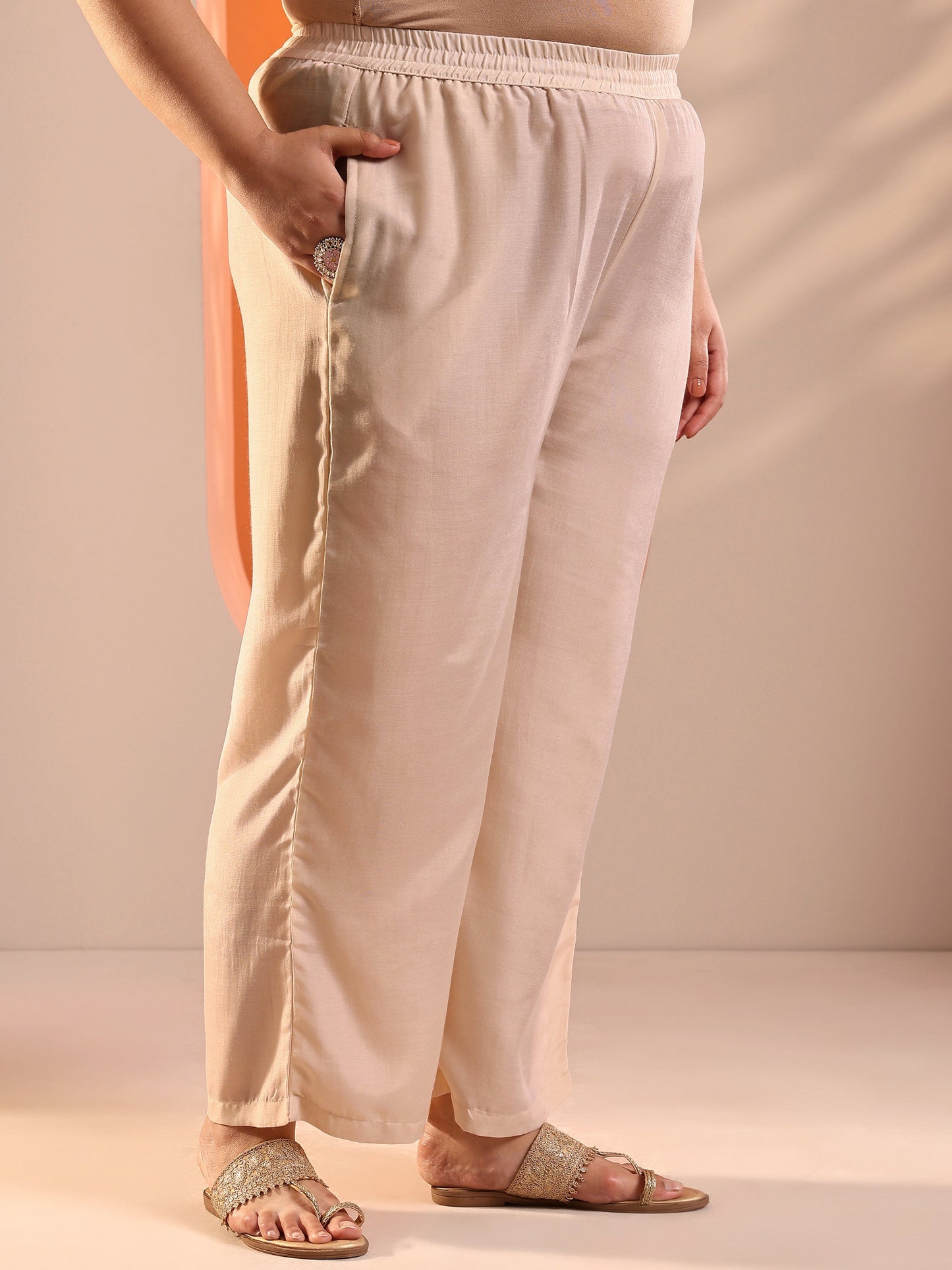 Plus Size Beige Woven Design Silk Blend Straight Suit Set With Dupatta