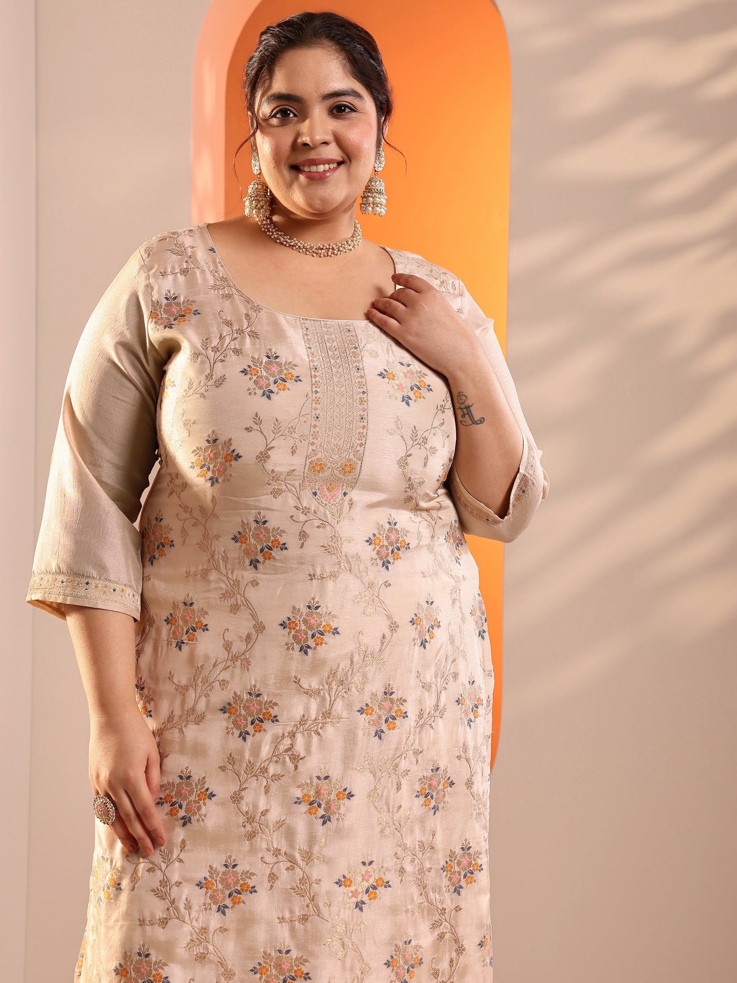 Plus Size Beige Woven Design Silk Blend Straight Suit Set With Dupatta