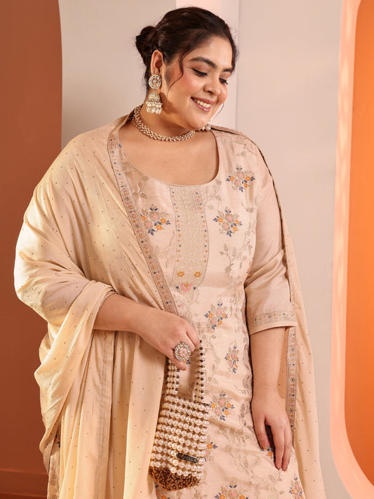 Plus Size Beige Woven Design Silk Blend Straight Suit Set With Dupatta