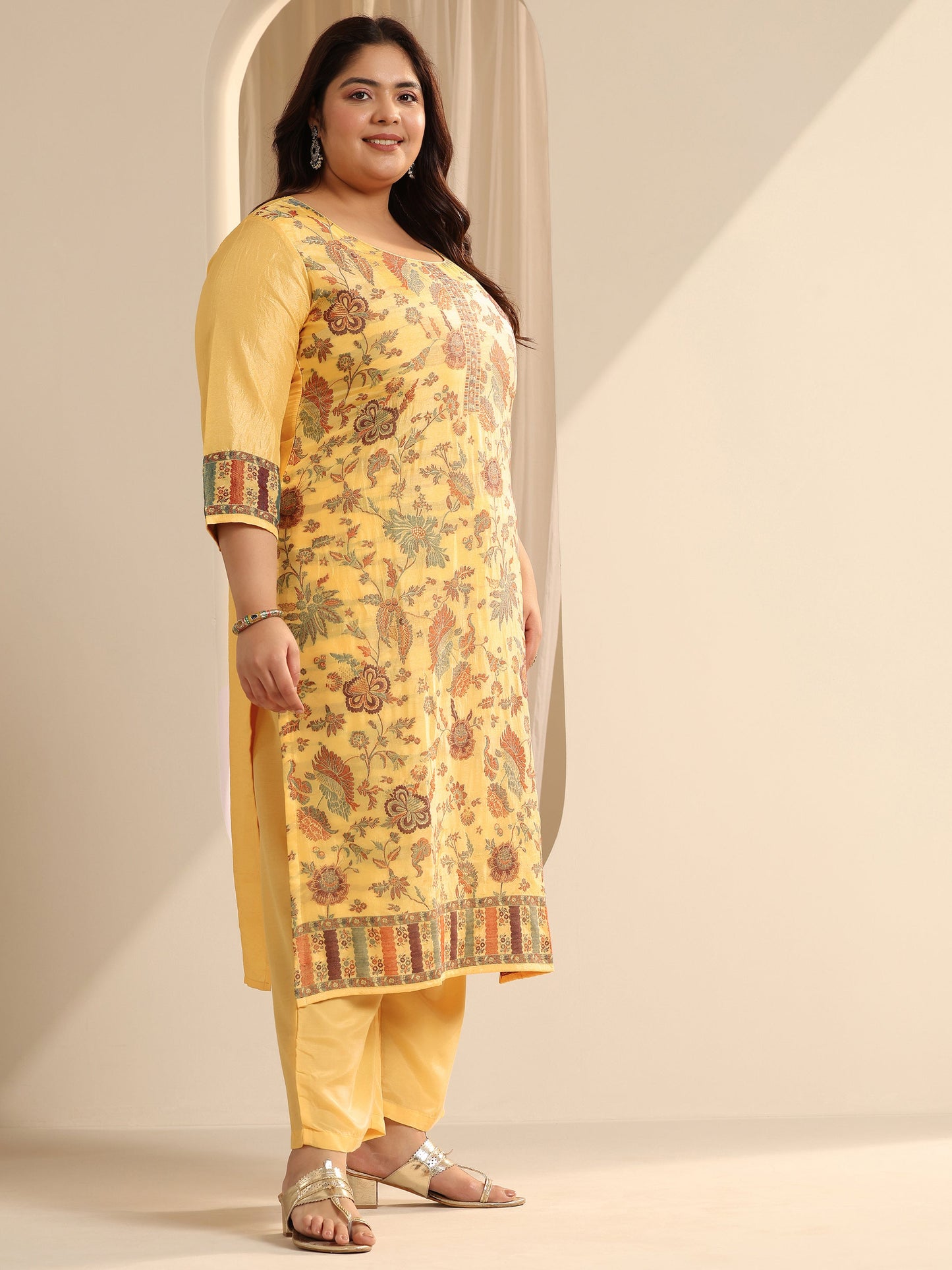 Plus Size Yellow Woven Design Silk blend Straight Suit Set With Dupatta