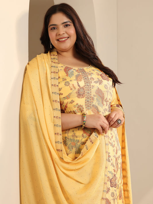 Plus Size Yellow Woven Design Silk blend Straight Suit Set With Dupatta