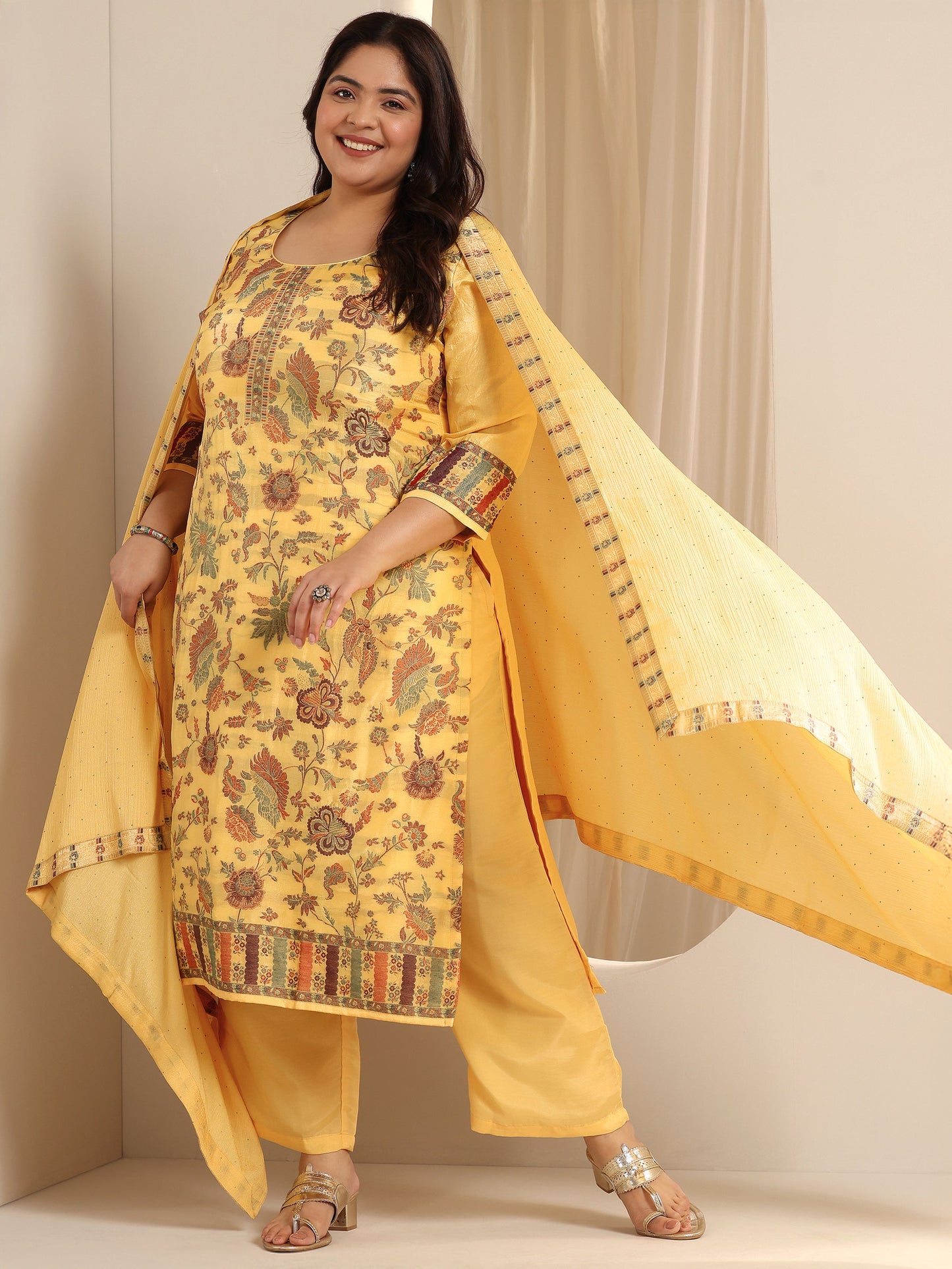 Plus Size Yellow Woven Design Silk blend Straight Suit Set With Dupatta