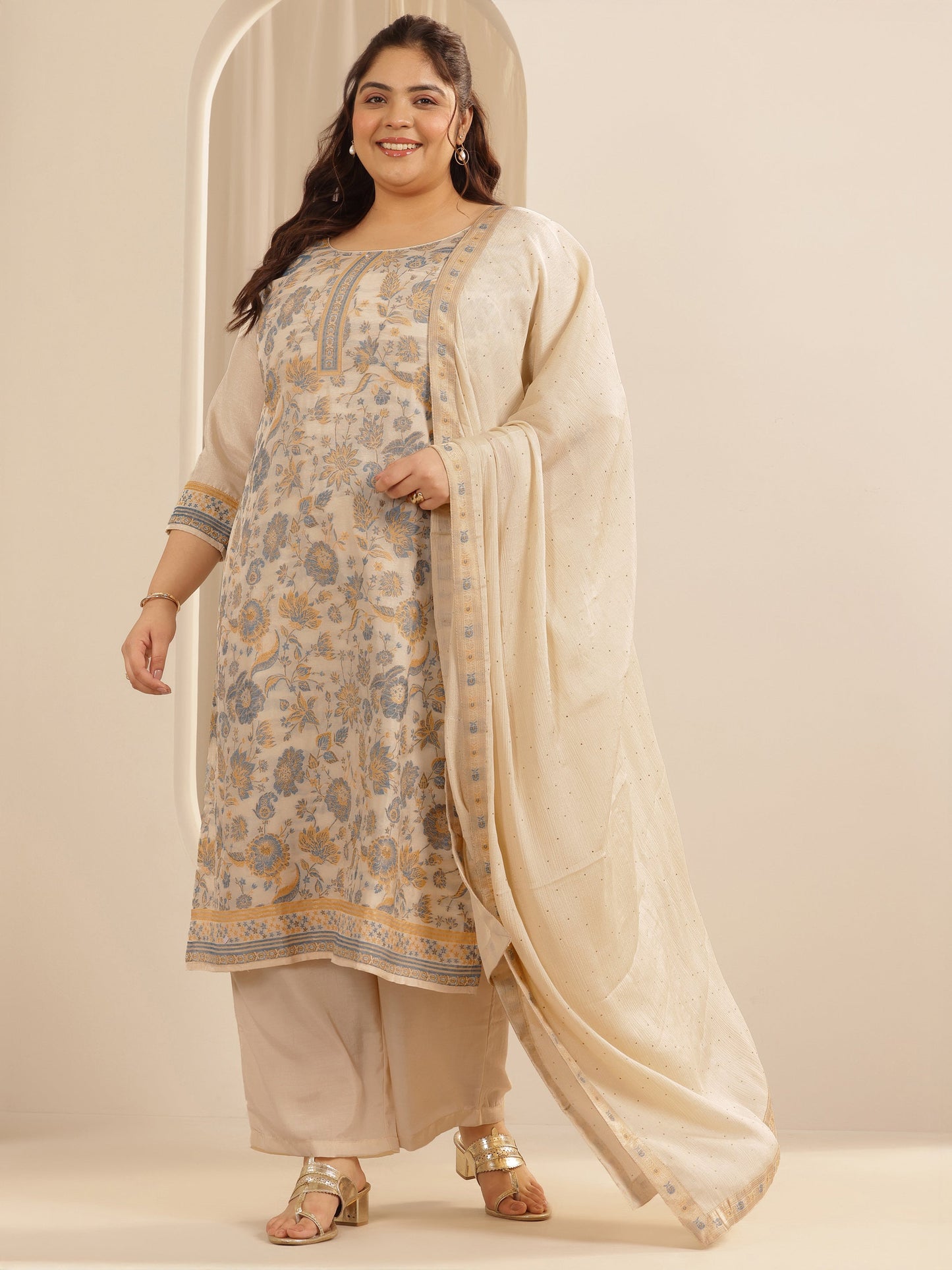 Plus Size Beige Woven Design Silk blend Straight Suit Set With Dupatta