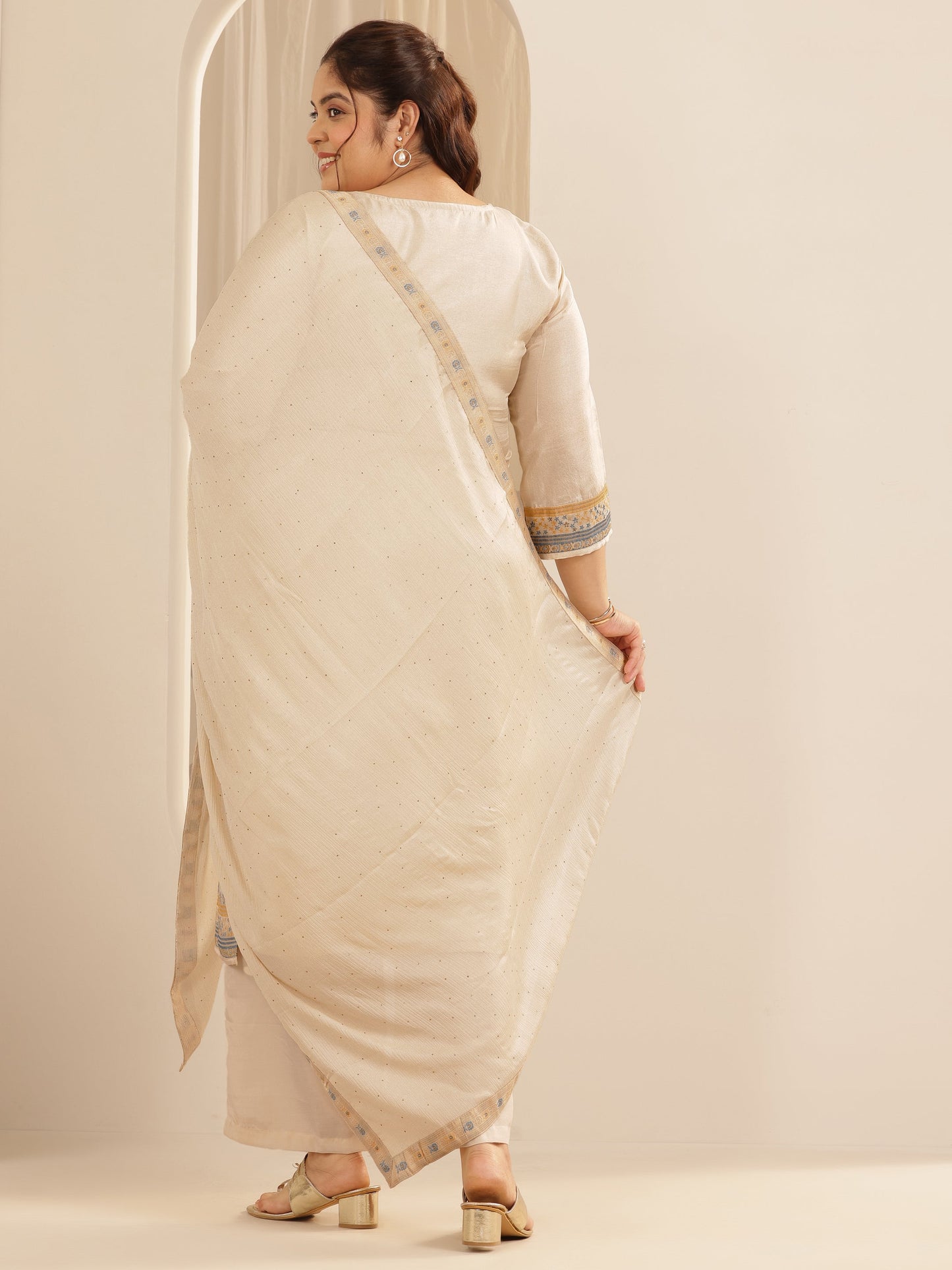 Plus Size Beige Woven Design Silk blend Straight Suit Set With Dupatta