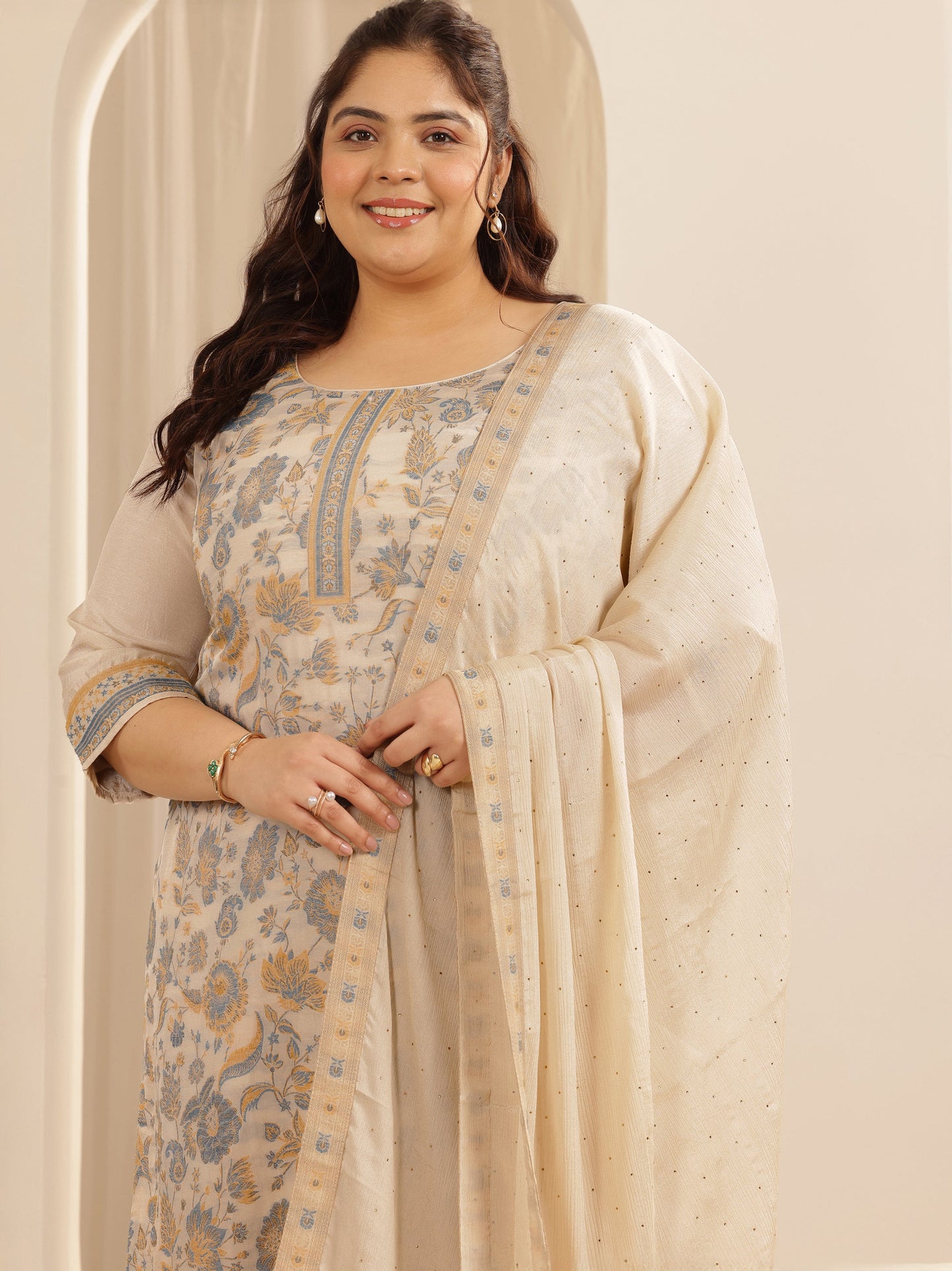Plus Size Beige Woven Design Silk blend Straight Suit Set With Dupatta
