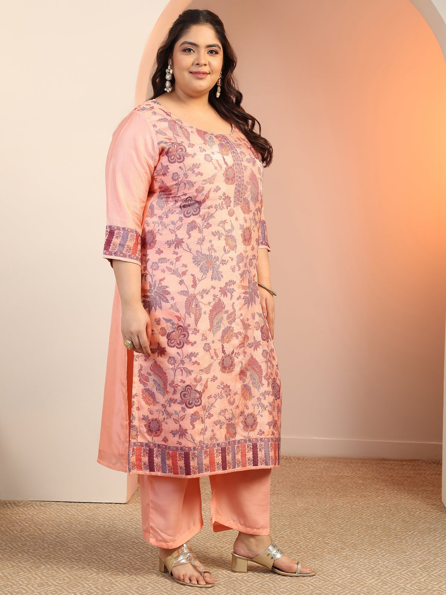Plus Size Peach Woven Design Silk blend Straight Suit Set With Dupatta