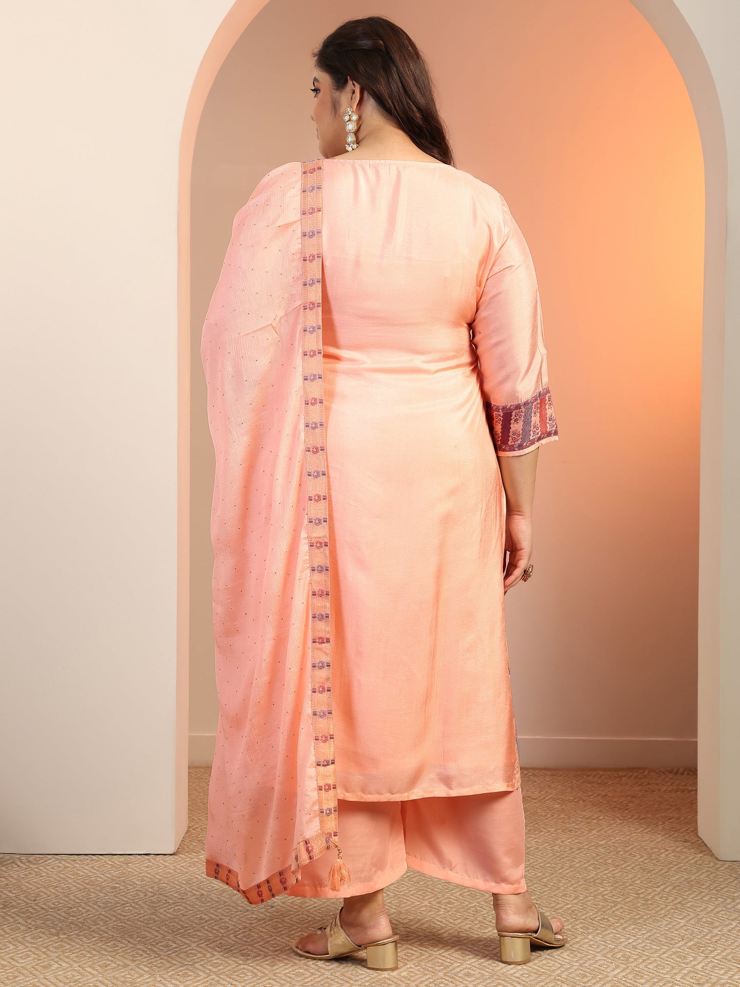 Plus Size Peach Woven Design Silk blend Straight Suit Set With Dupatta