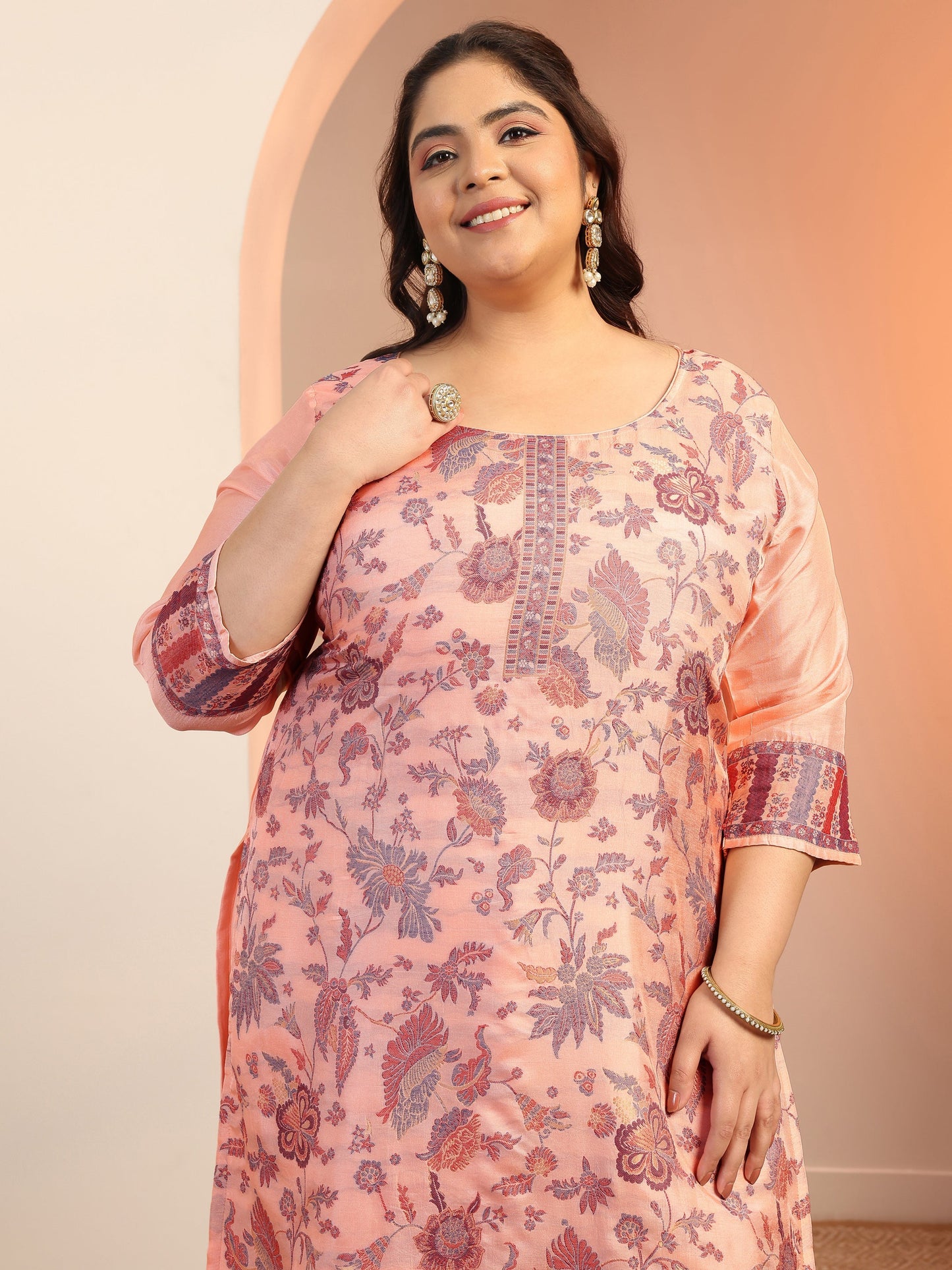 Plus Size Peach Woven Design Silk blend Straight Suit Set With Dupatta