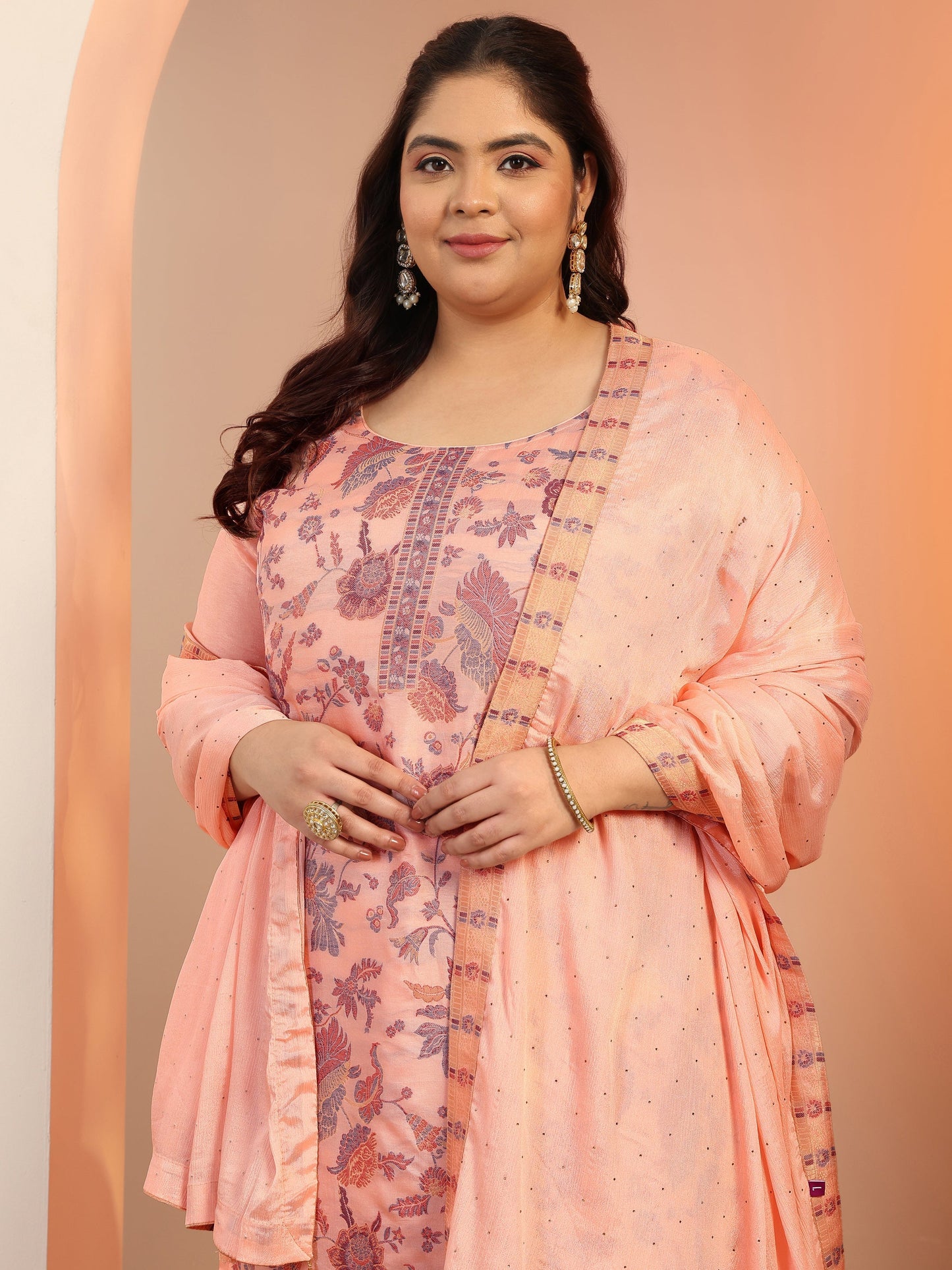 Plus Size Peach Woven Design Silk blend Straight Suit Set With Dupatta