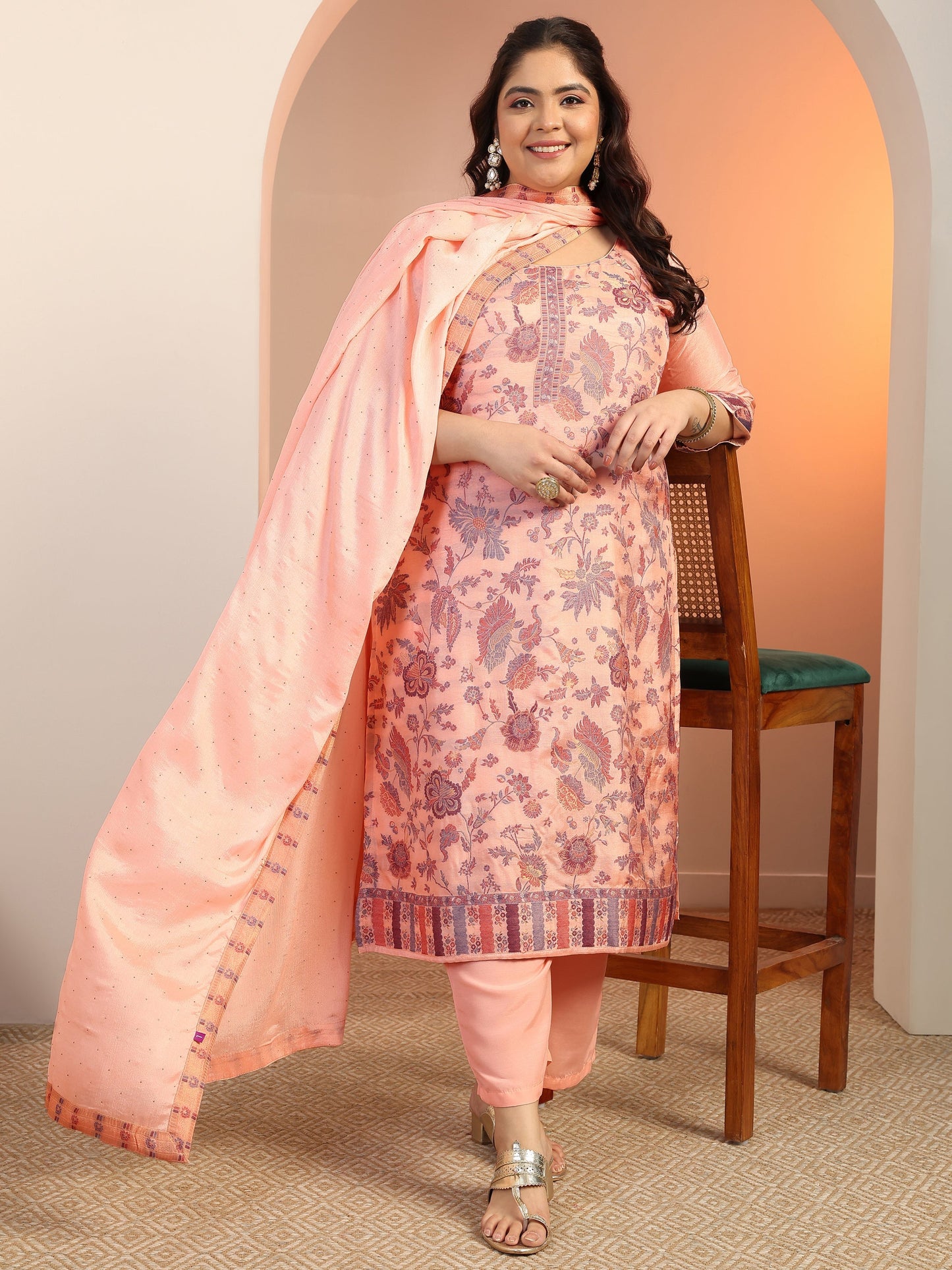 Plus Size Peach Woven Design Silk blend Straight Suit Set With Dupatta