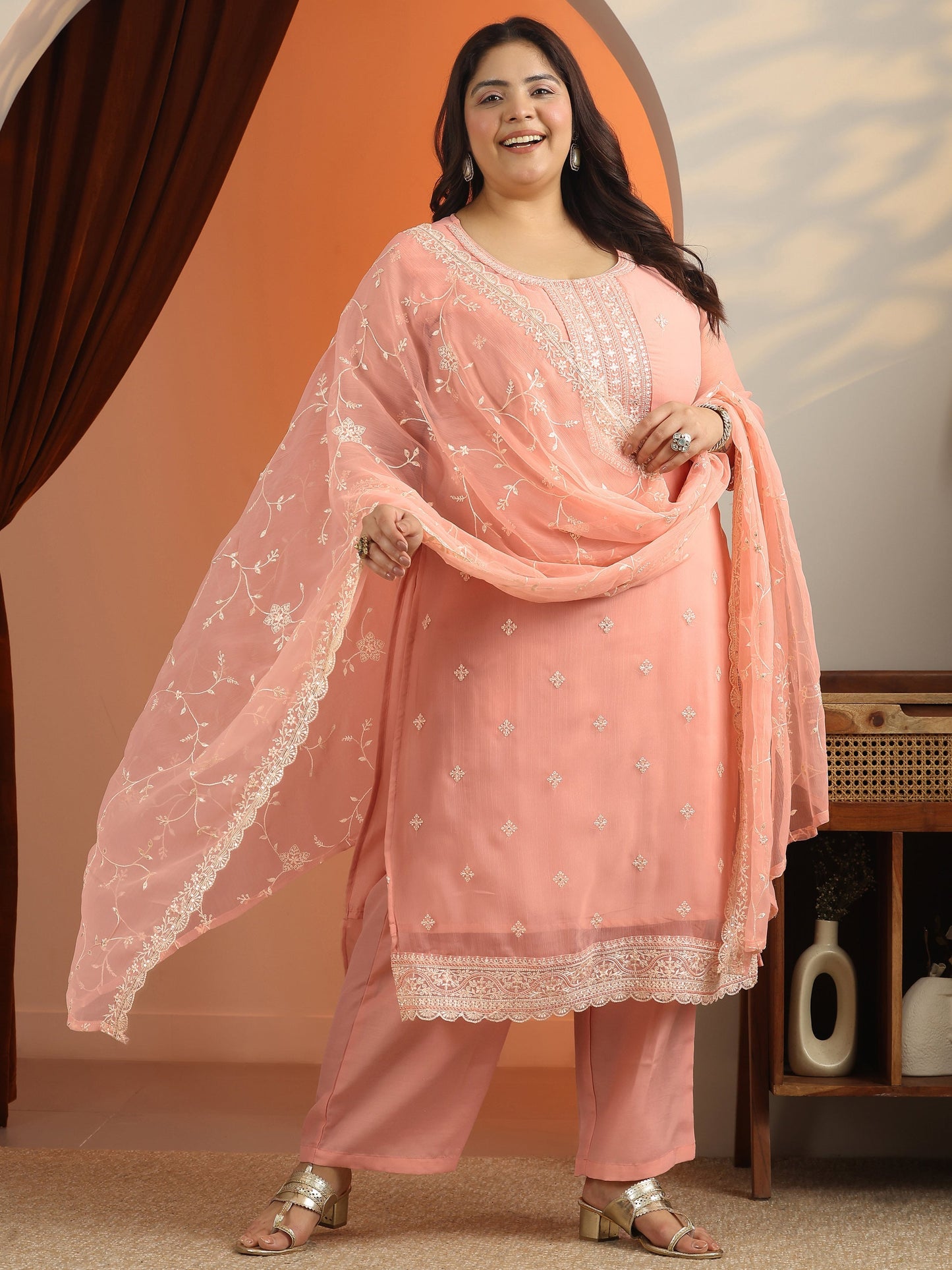 Plus Size Peach Embroidered Chiffon Straight Suit Set With Dupatta