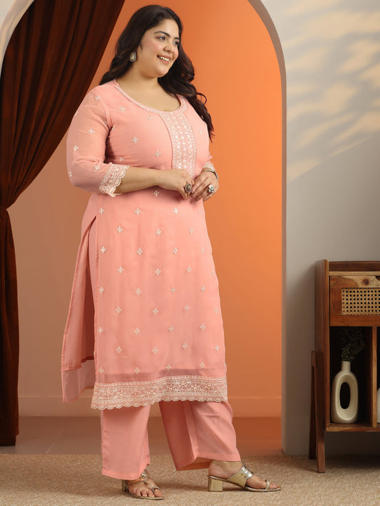 Plus Size Peach Embroidered Chiffon Straight Suit Set With Dupatta