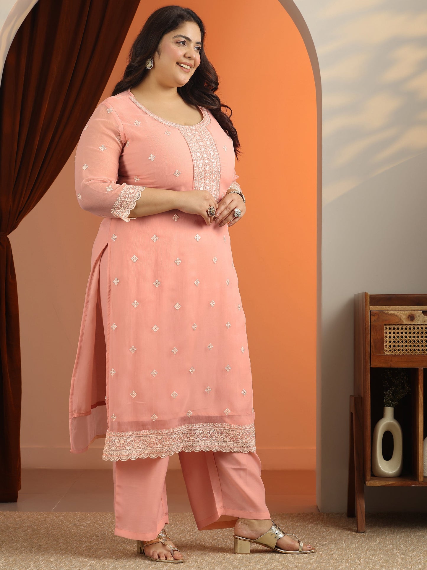 Plus Size Peach Embroidered Chiffon Straight Suit Set With Dupatta