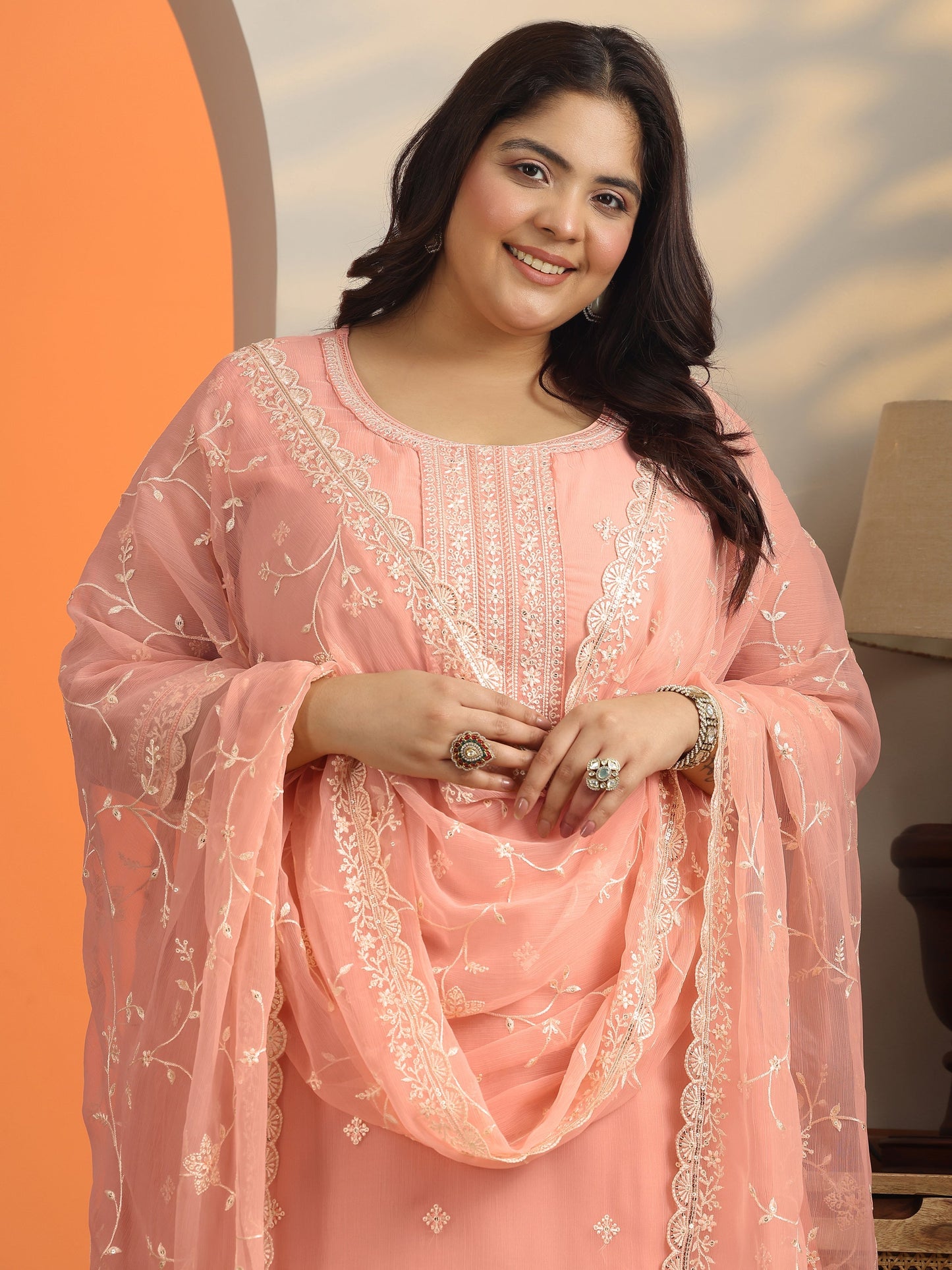 Plus Size Peach Embroidered Chiffon Straight Suit Set With Dupatta